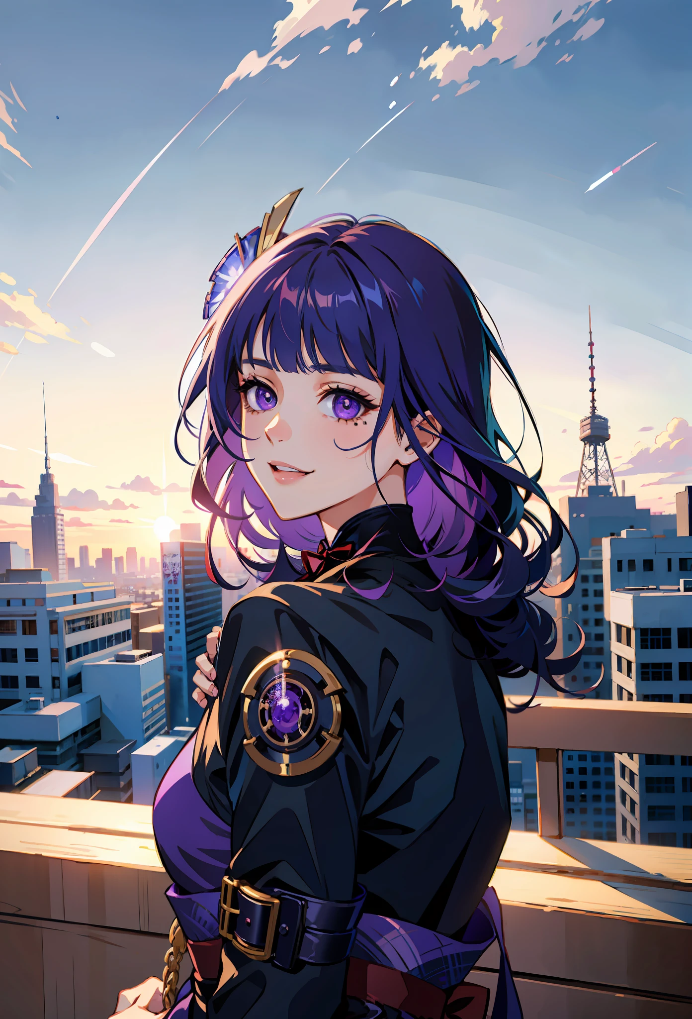 (masterpiece),(best quality:1.0), (ultra highres:1.0), detailed illustration, 8k, anime, 1girl, beautiful anime girl, Girl, Raiden Shogun, Purple eyes, detailed eyes, purple hair, detailed hair, shoulder exposure, shoulder smooth texture latex, coquettish smile, anime feel, evil devil, {blackening}, {teasing smile}, detailed, anime style, best quality