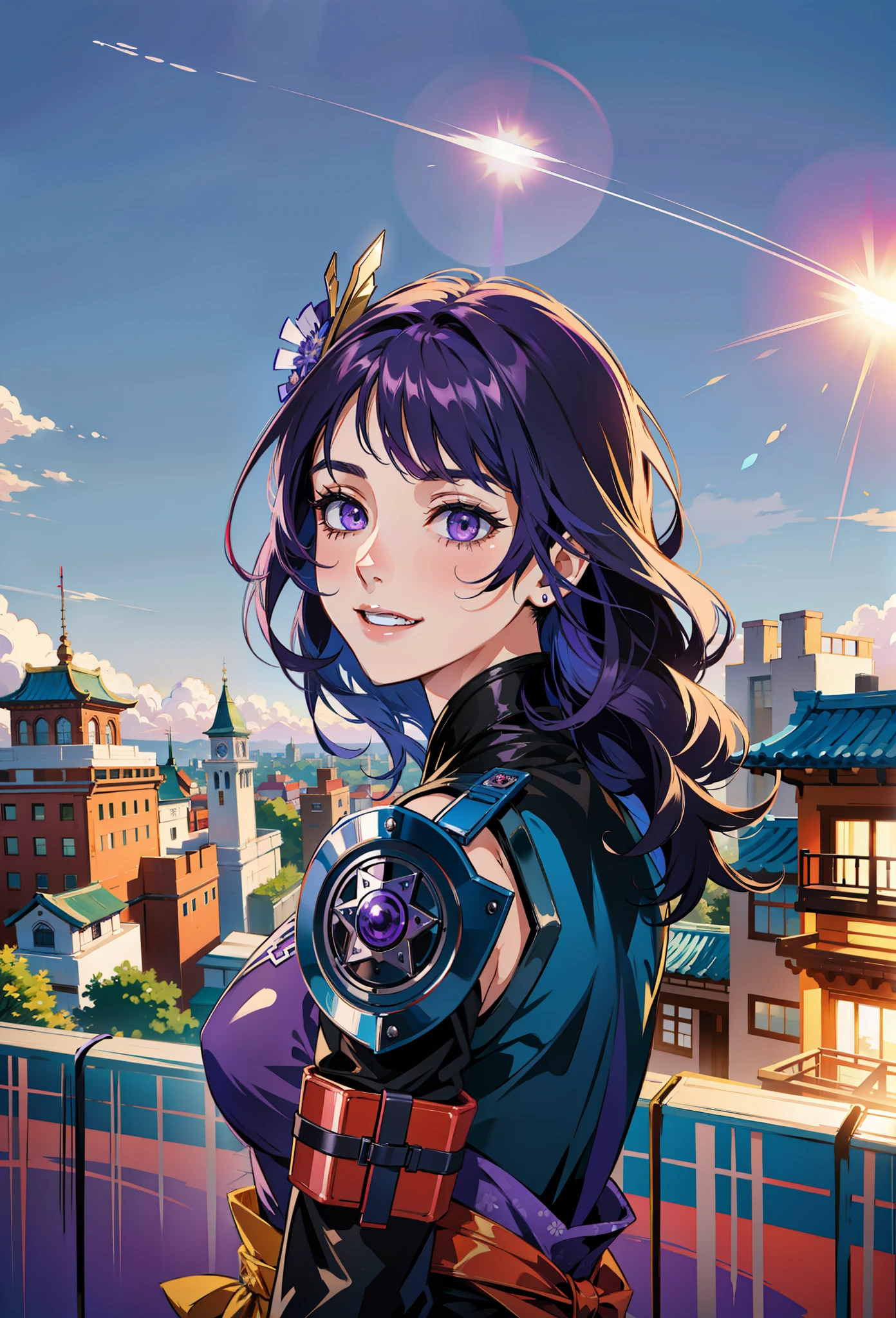 (masterpiece),(best quality:1.0), (ultra highres:1.0), detailed illustration, 8k, anime, 1girl, beautiful anime girl, Girl, Raiden Shogun, Purple eyes, detailed eyes, purple hair, detailed hair, shoulder exposure, shoulder smooth texture latex, coquettish smile, anime feel, evil devil, {blackening}, {teasing smile}, detailed, anime style, best quality