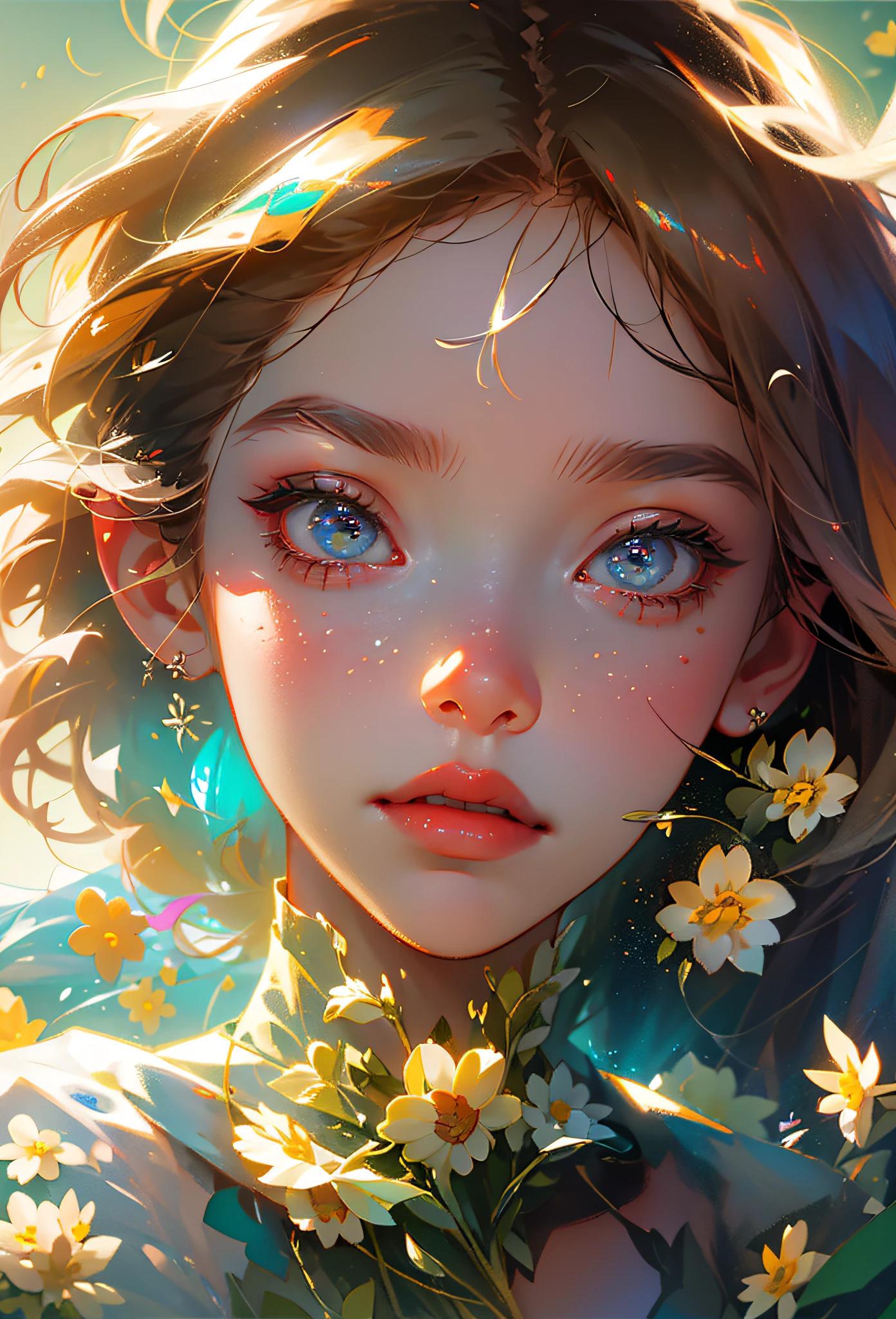 (best quality, masterpiece), 1girl, pose, particle, wind, flower, upper body, simple background, looking at viewer, focus on face, blonde,