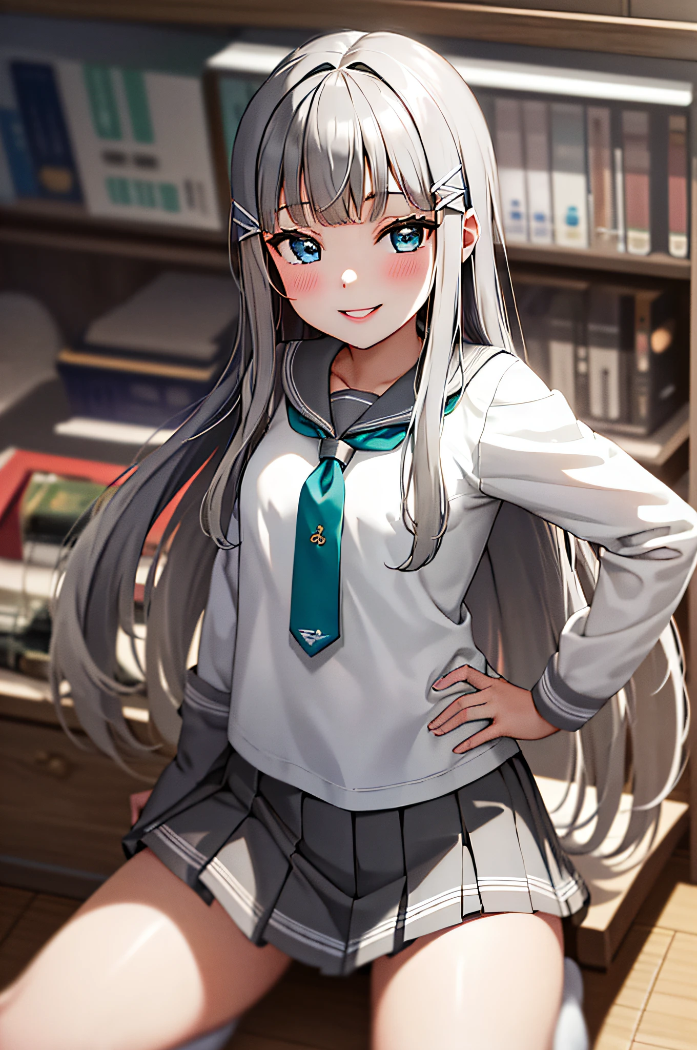 Masterpiece, Best Quality, 1girl, Long Hair, Middle Breasts,Shorts, Blouse, Pleated Skirt, White Seravuk, Neckerchief, Grey Skirt, Grey Sailor Color, Tie Clip, Green Neckerchief, Blue Eyes, Hair Ornament, Hair Clip, Parted Lips, Smile, Classroom,