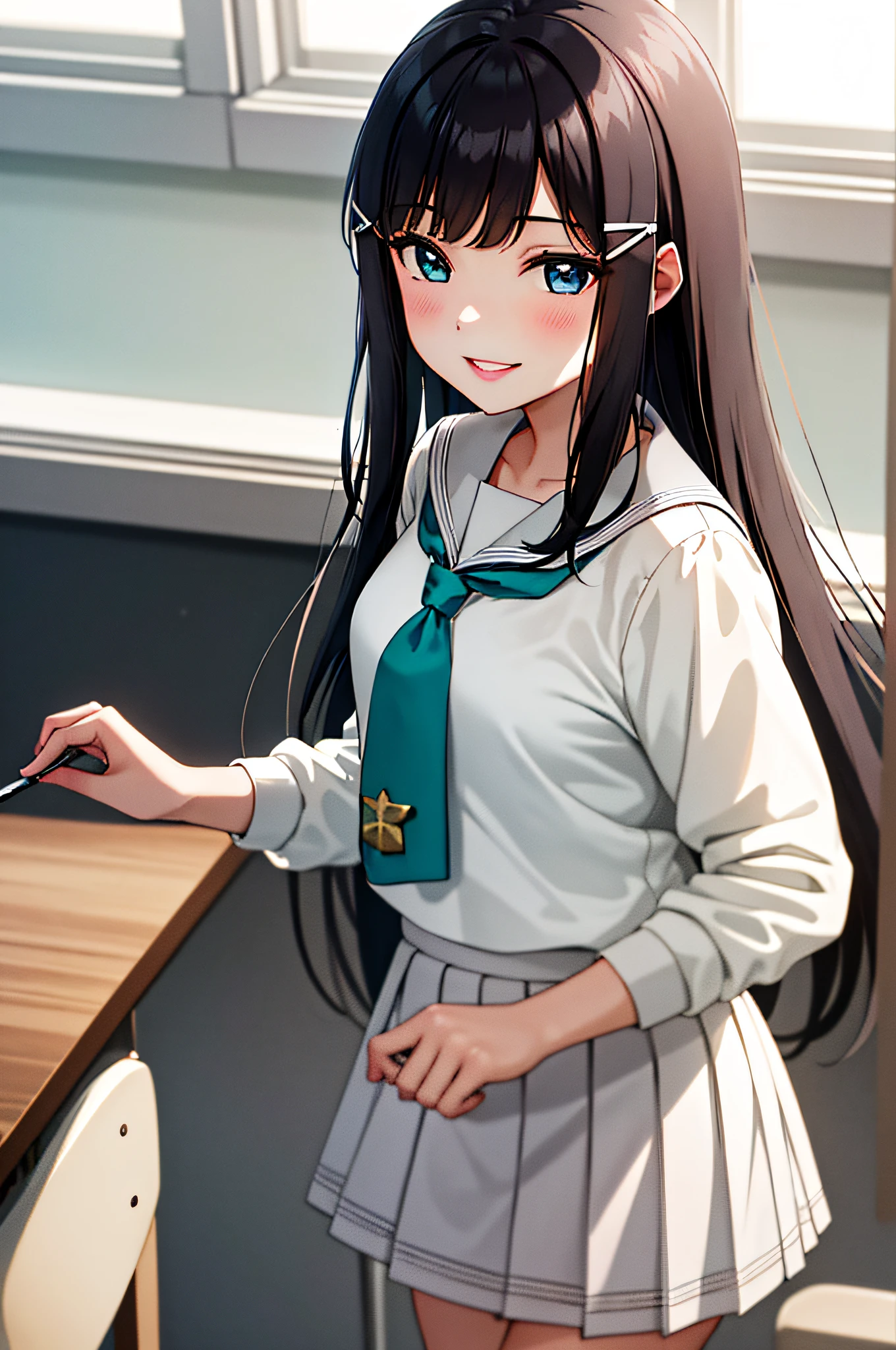 Masterpiece, Best Quality, 1girl, Long Hair, Middle Breasts,Shorts, Blouse, Pleated Skirt, White Seravuk, Neckerchief, Grey Skirt, Grey Sailor Color, Tie Clip, Green Neckerchief, Blue Eyes, Hair Ornament, Hair Clip, Parted Lips, Smile, Classroom,