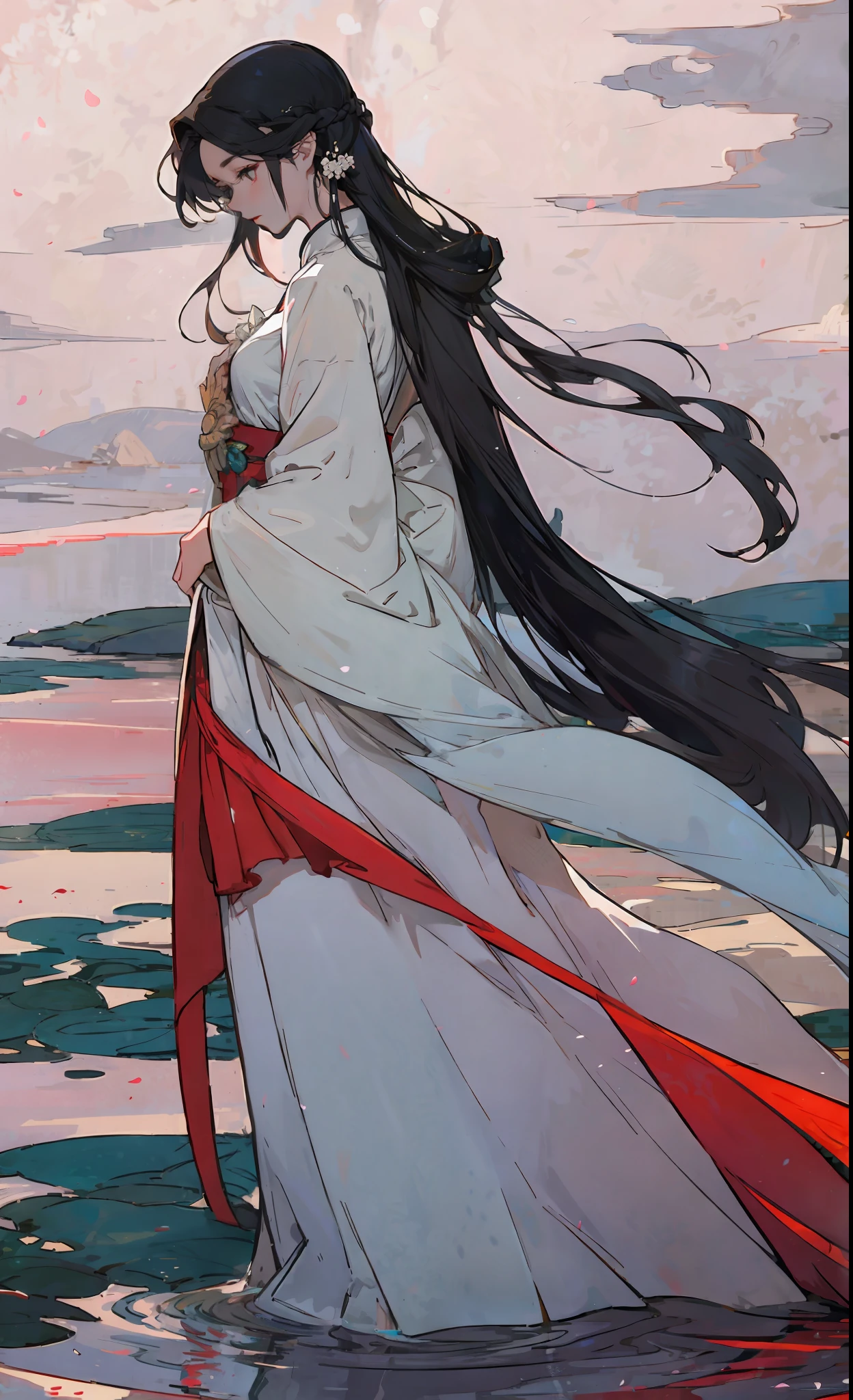 ((Masterpiece)), ((best quality)), 8K, high detailed, ultra-detailed,
the stunning beauty of a traditional Chinese beauty dressed in a flowing, red and white gown speaks of grace, refinement and elegance. Her perfectly proportioned body is accentuated by the full, flowing sleeves and the fitted, embroidered bodice of the dress, with a white sash tied in a dainty bow at her slender waist. Her delicate features are framed by long, silky hair that falls down her back in waves. Her serene expression is complemented by rosy cheeks and full red lips. In the background, the scene is set with graceful bamboo trees, cherry blossom petals, and a tranquil, tranquil water feature. This striking image symbolizes the timeless, understated grace of traditional Chinese beauty, where poise, refinement and striking beauty come together in perfect harmony.