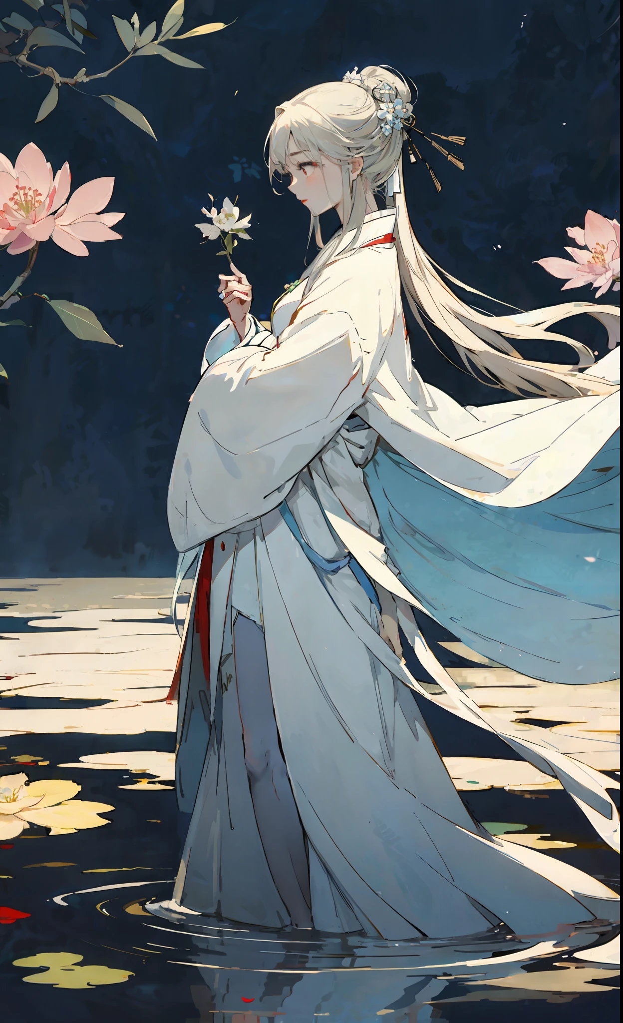 ((Masterpiece)), ((best quality)), 8K, high detailed, ultra-detailed,
the stunning beauty of a traditional Chinese beauty dressed in a flowing, red and white gown speaks of grace, refinement and elegance. Her perfectly proportioned body is accentuated by the full, flowing sleeves and the fitted, embroidered bodice of the dress, with a white sash tied in a dainty bow at her slender waist. Her delicate features are framed by long, silky hair that falls down her back in waves. Her serene expression is complemented by rosy cheeks and full red lips. In the background, the scene is set with graceful bamboo trees, cherry blossom petals, and a tranquil, tranquil water feature. This striking image symbolizes the timeless, understated grace of traditional Chinese beauty, where poise, refinement and striking beauty come together in perfect harmony.