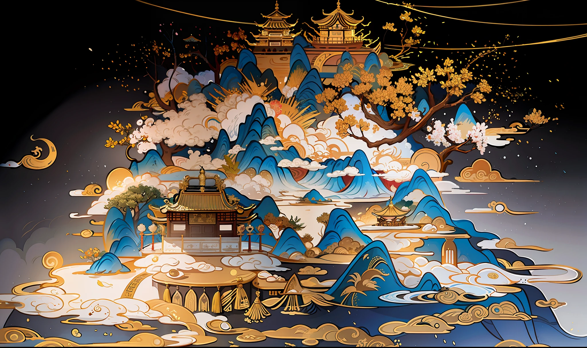 Ancient Chinese painting, mountains, rivers, auspicious clouds, pavilions, sunlight, white background, gilt hook line, gilt, masterpiece, super detail, epic composition, ultra hd, high quality, extremely detailed, official art, unified 8k wallpaper, super detail, 32k - v 6