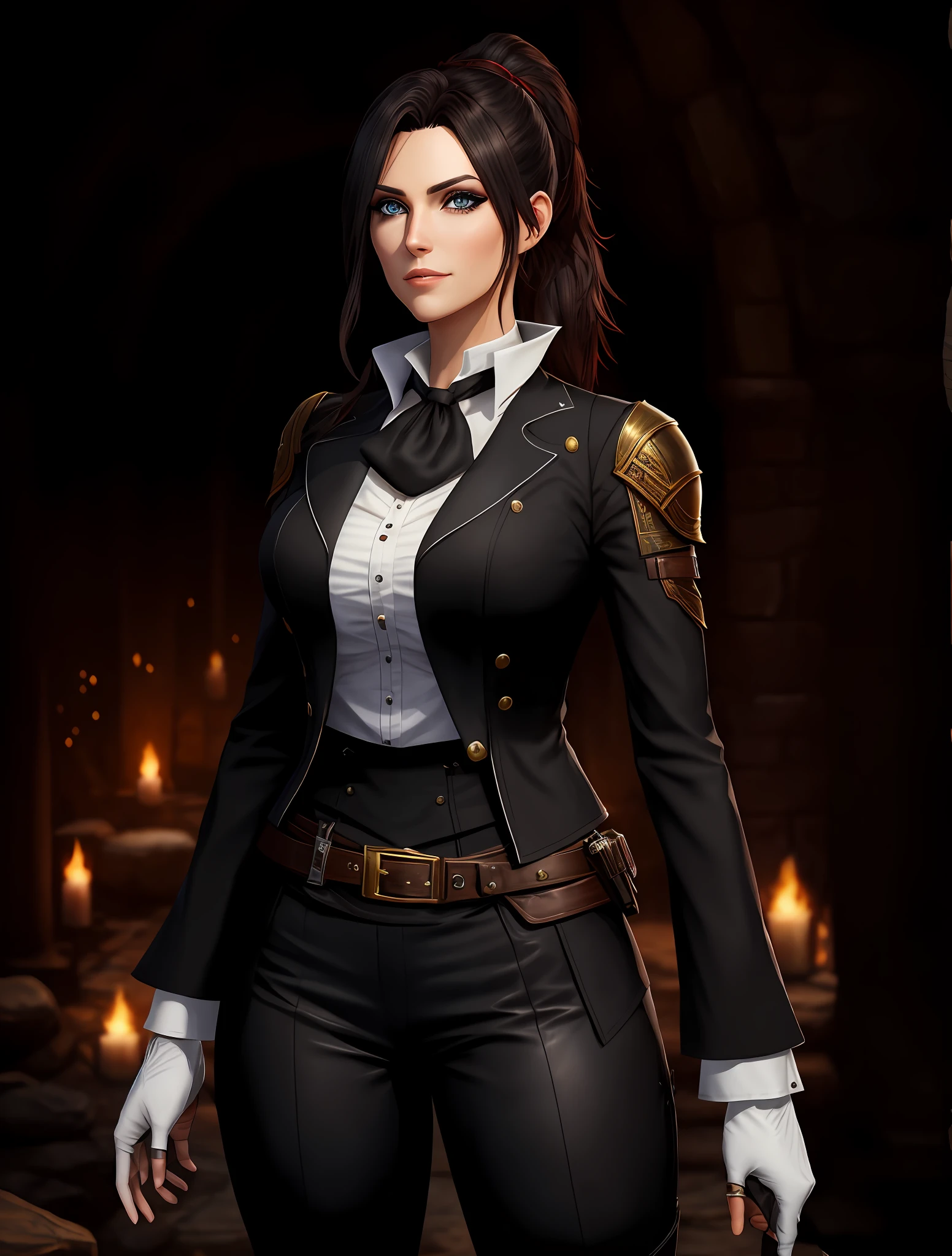 (Black hair: 1.9), (reddish brown eyes: 1.6), one-handed forked waist, long ponytail, leather belt, white gloves, bright vista in the background, close-up of a man in a black suit and tie, black breeches, female rascal, Katie - Brie of Mithril Hall, female adventurer, bluff adventurer-class adventurer, female character, female assassin, in-game image, seductive maze woman, female mage, adventurer woman