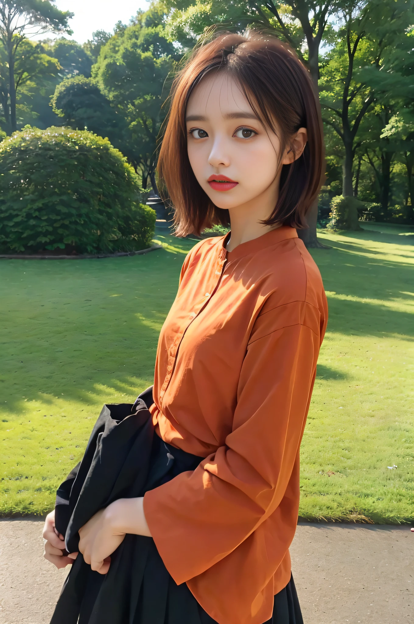 Orange Cavalier Blouse, Slender Beauty 1, Black Hair, Yoyogi Park in the evening