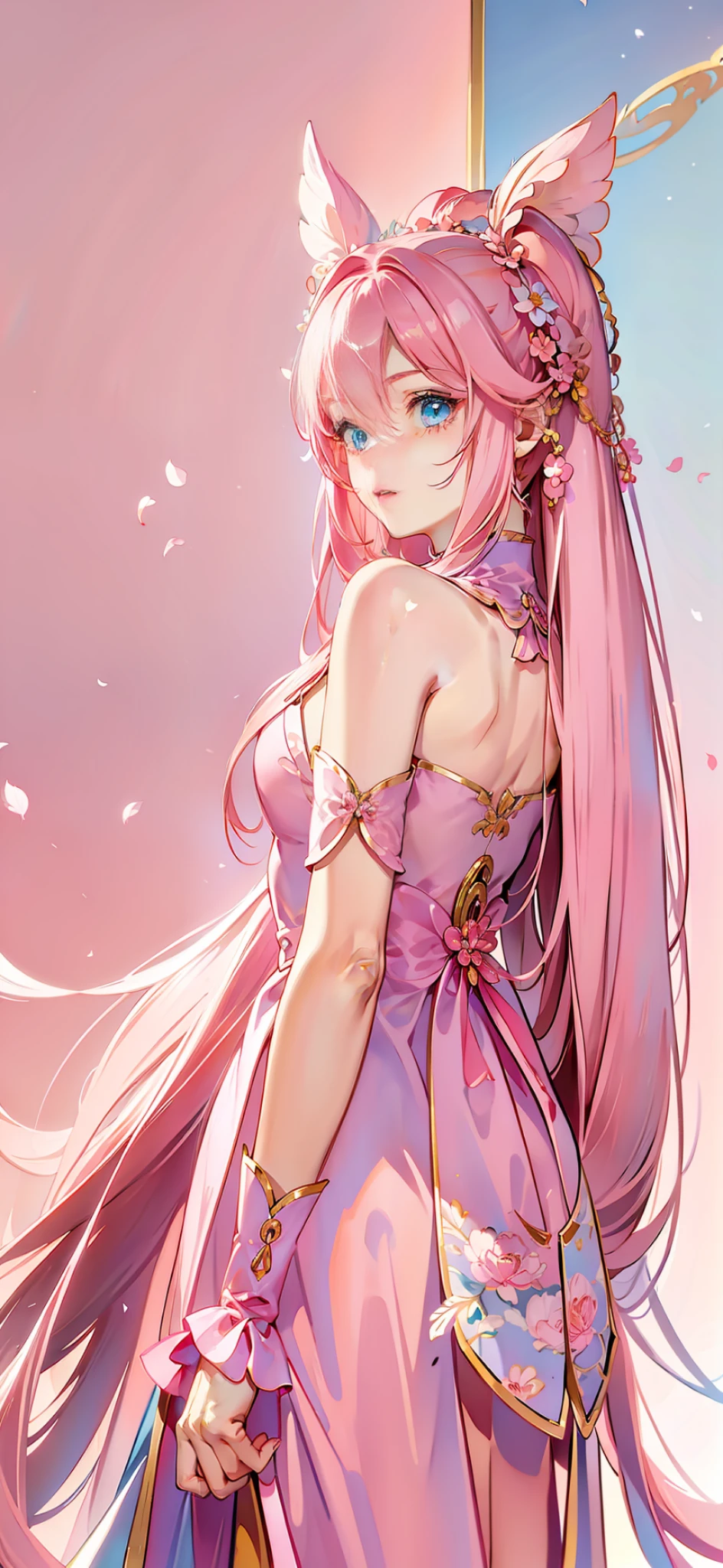 The best picture quality, a girl with pink hair and a pink dress, (pink double-tailed hair and cyan eyes: 1.2), pink straight hair, flowing pink long hair, pink hair, beautiful Delfin, pink soft, magical girl style, fairy core, flowing pink hair, pink long hair, soft pink, soft light pink very long hair, pink fine hair, pink girl, masterpiece