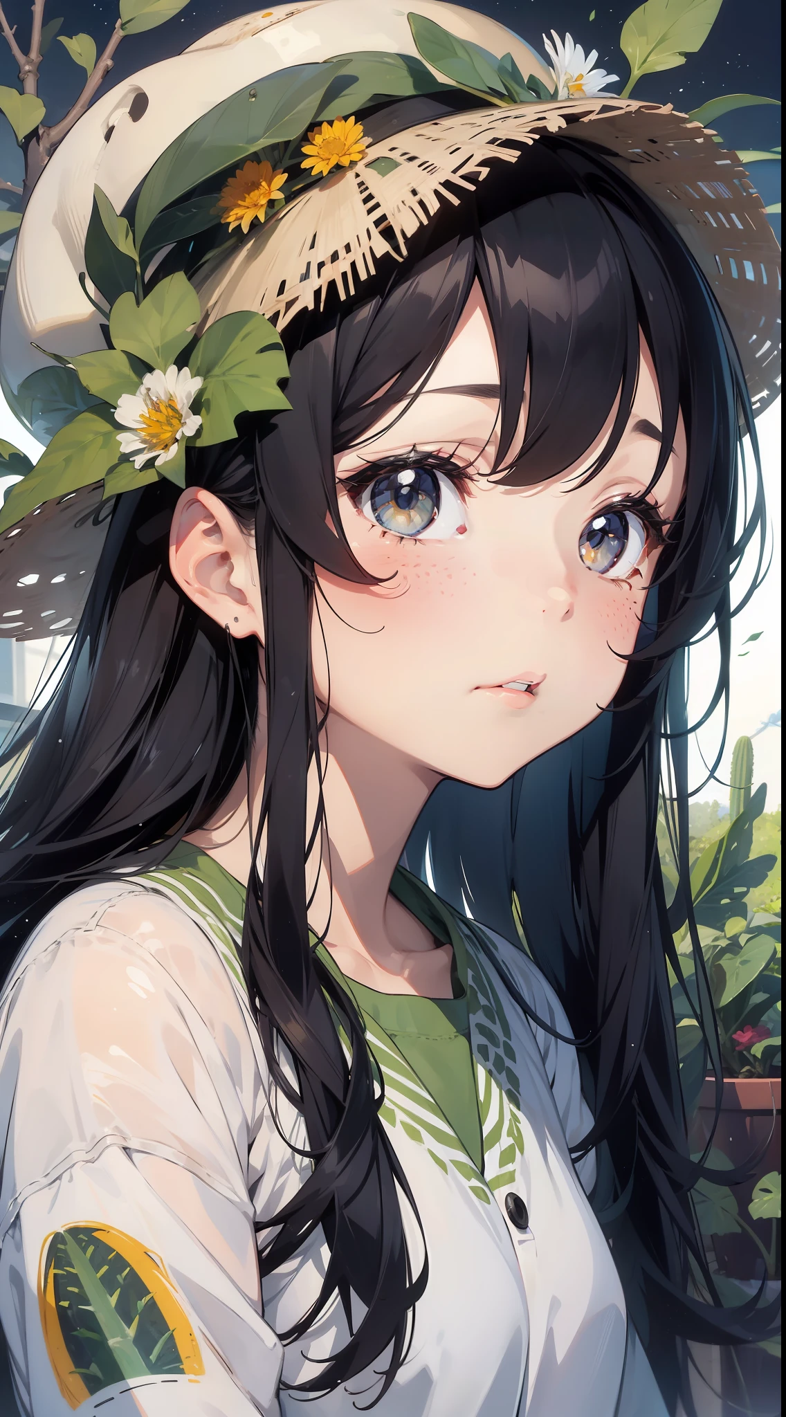 Slight retro color, flat, grainy, riso print style, illustration, cute, white space, low saturation, 1girl, antennae, bamboo, bangs, black hair, branch, cactus, cloud, dandelion, expressionless, flower, flower pot, ivy, leaf, lily \(flower\), limited palette, long hair, looking at viewer, makeup, mixed media, mole, moon, morning glory, palm leaf, palm tree, plant, portrait, potted plant, seaweed, solo, spring onion, sweat, tan background, tanabata, tanzaku, tears, traditional media, tree, tulip, vegetable, vines, water drop, 1girl, solo, long hair, looking at viewer, bangs, black hair, hat, parted lips, black eyes, leaf, plant, portrait, freckles, limited palette