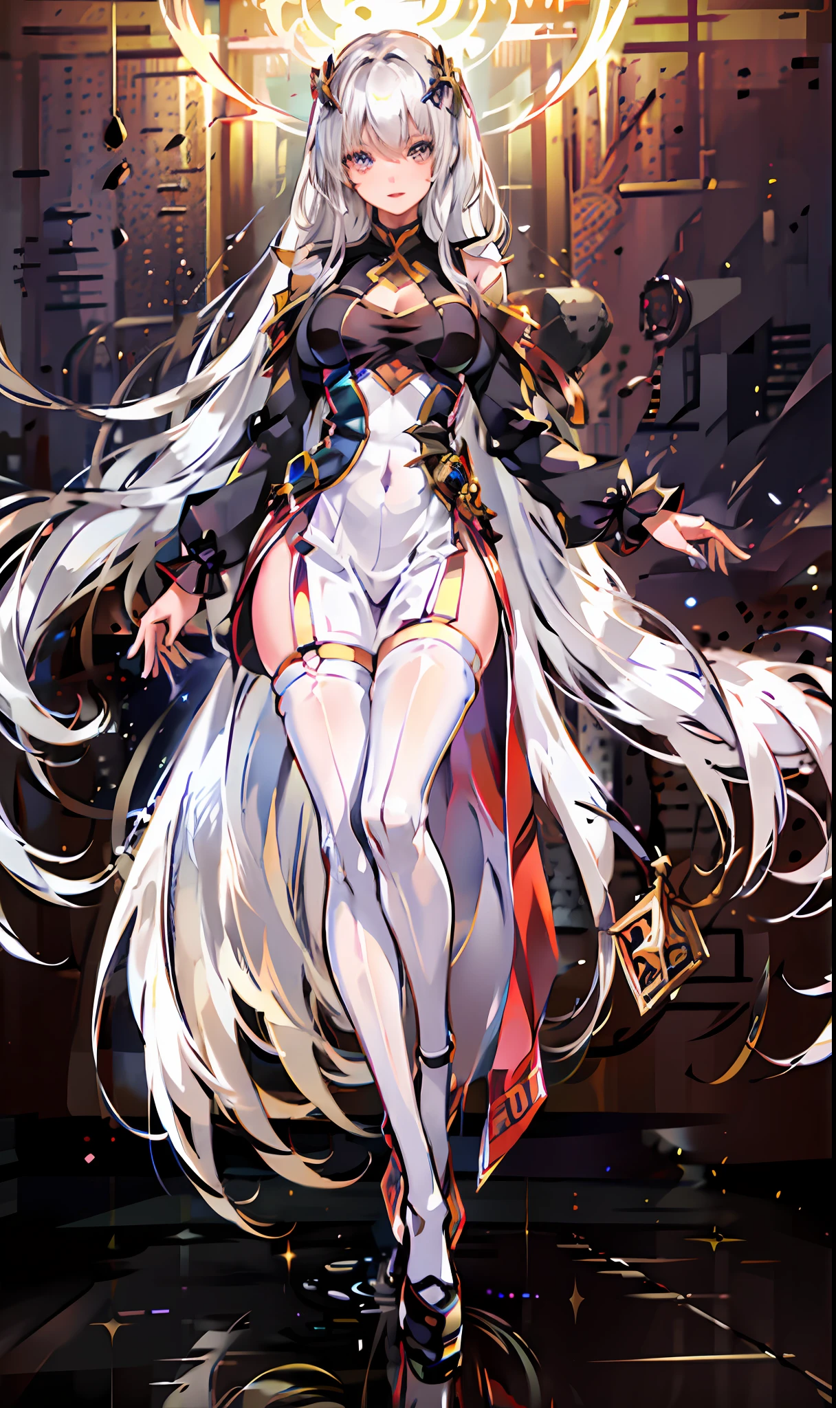 castle background, throne, cloud, glass, mountain, movie light, 1 girl, long hair, solo, standing on one leg, garter, thighs, dress, looking at the audience, very long hair, standing, silver hair, full body, smile, white hair, leg up, a girl, the best quality, masterpiece, illustration, an extremely delicate and beautiful, very detailed, CG, unity, 8k wallpaper, amazing, fine details, huge file size, super detailed, high resolution, extremely detailed, beautiful meticulous girl, Extremely detailed eyes and face, beautiful detailed eyes,