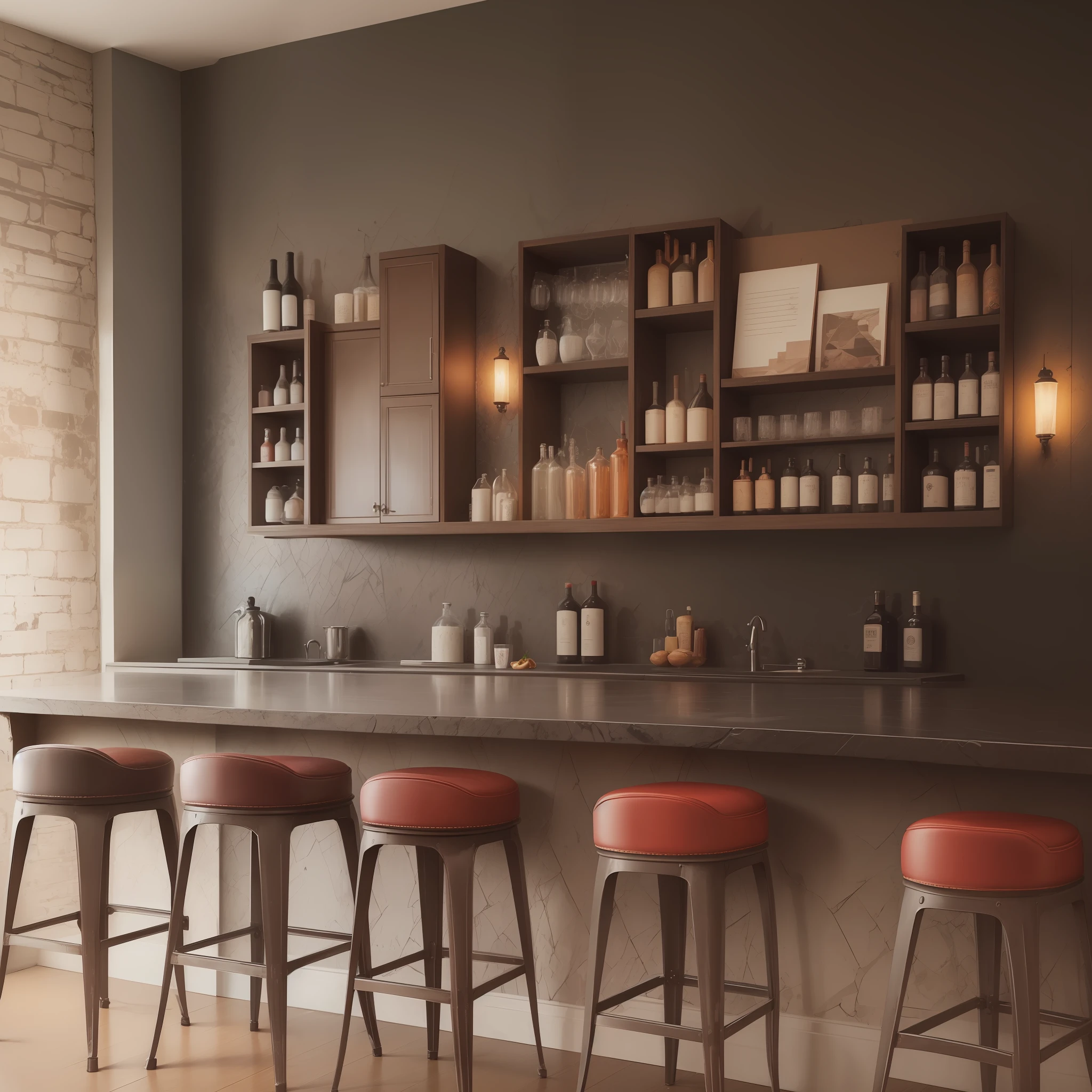 Masonry walls: Choose a wall with a masonry structure to create a rugged, original atmosphere for the entire bar. You can choose a textured masonry material, or use wallpaper or paint to simulate the masonry texture.
Simple decoration: In order to highlight the walls of the masonry structure, other decorations can be made more minimalist to avoid visual confusion. You can choose some simple bar decorations, such as bar logos, bottle racks, etc., and you can also add some simple murals or light and shadow effects to the wall to increase the sense of atmosphere.
Dark red tones of lighting: Choosing dark red tones of lighting can create a romantic and mysterious atmosphere for the bar, while also highlighting the texture of the masonry walls. You can choose some wall lamps or chandeliers in dark red tones, or use dark lights on the walls to make the masonry structure stand out more.
Furniture in dark tones: Choosing furniture in dark tones, such as black or dark brown bar chairs, tables, etc., can make the whole space more pure, professional and tasteful. There are some minimalist designs to choose to echo the masonry walls.
Art painting: Hanging some art paintings on the walls, such as oil paintings or abstract paintings, can add to the artistic atmosphere of the entire space. You can choose colors and themes that echo the masonry walls to make the whole space more harmonious.
Musical elements: Appropriate addition of musical elements, such as sound, musical symbols, etc., can make the whole space more rhythmic and dynamic. Musical elements can be chosen according to the theme and style of the bar. --auto --s2