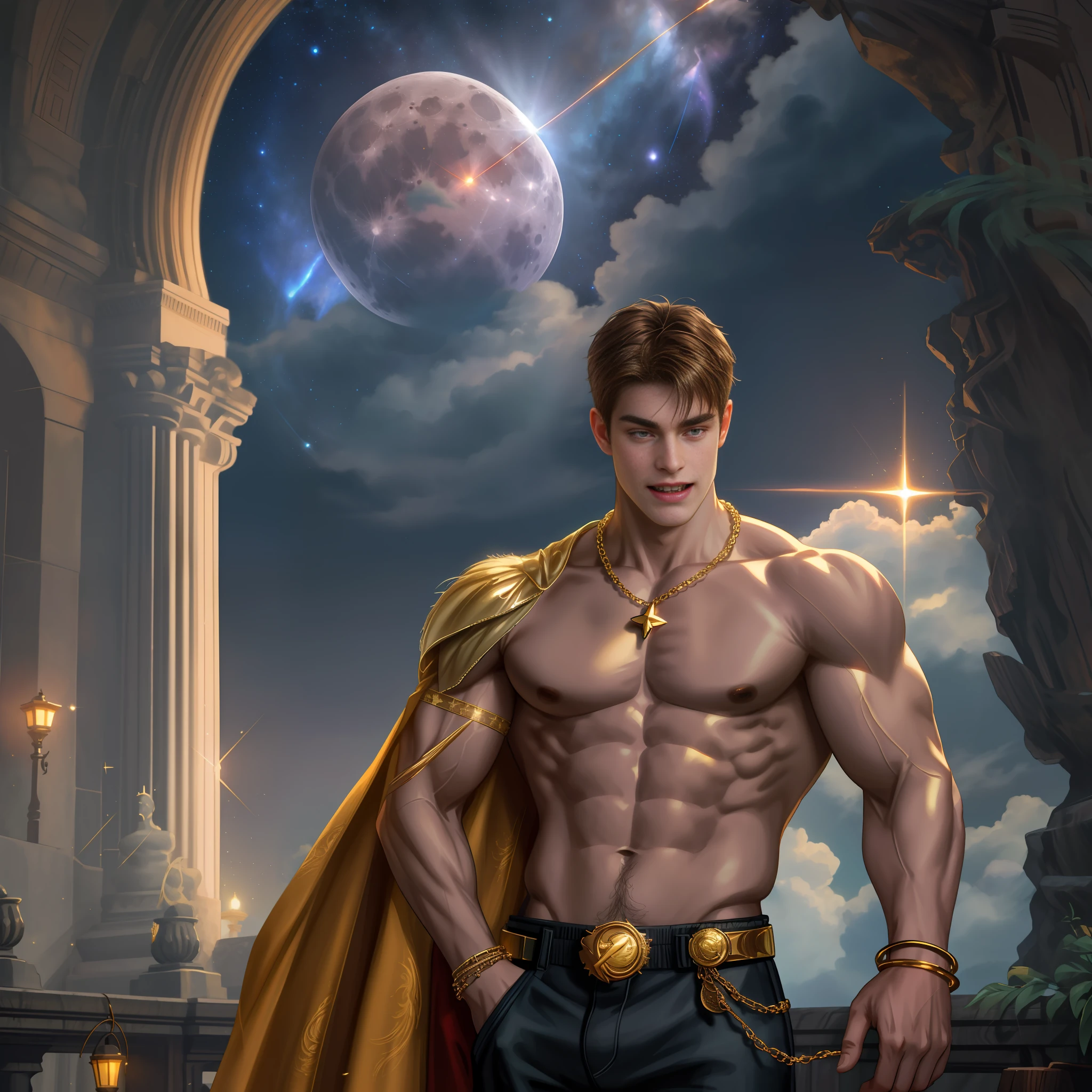 Looks perfect in the form of realistic display and hyper detail, ZBrush, too realistic oil,create fit, man, muscle, ,tall big, face perfect, body with aura, bare-chested, brown hair, fangs, shirtless, gold necklace, arm bracelet, heaven, fantasy, unrealistic scene, rainbow, firefly, stars, shooting star, solar, moonlight, moon, clouds,