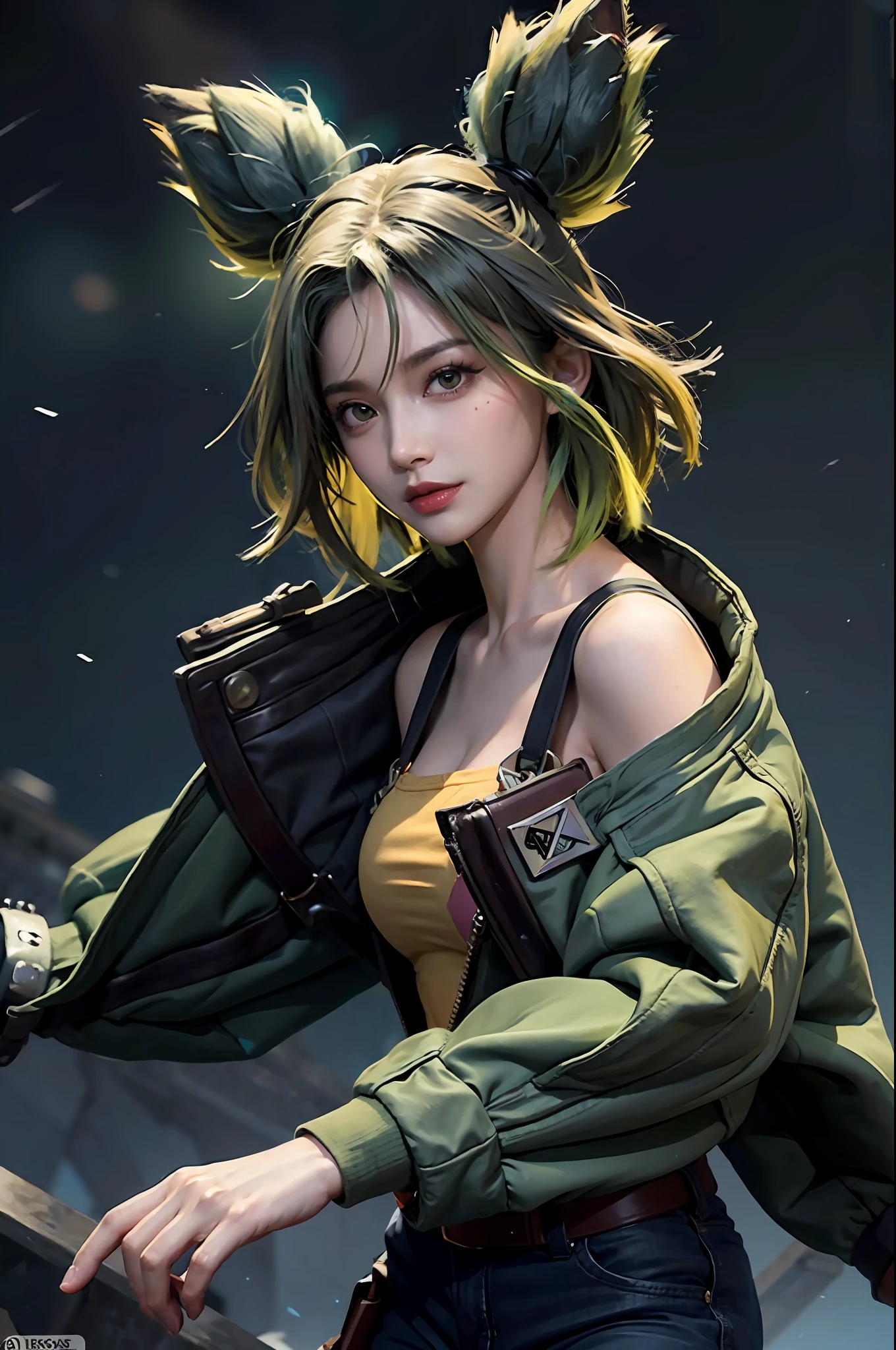 grass, sky, (field), zeri \(league of legends\), league of legends, 1girl, solo, green hair, twintails, bangs, parted bangs, green eyes, bandaid on face, collarbone, bare shoulders, off shoulder, long sleeves, breasts, jacket, blue jacket, open clothes, open jacket, orange tank top, midriff, gloves, black gloves, fingerless gloves, pants, black pants, belt,(extremely detailed CG unity 8k wallpaper), (best quality), (ultra-detailed), (photorealistic),wallpaper,best quality,extremely detailed eyes and face, beautiful detailed eyes,light on face,lightning,Electric spark