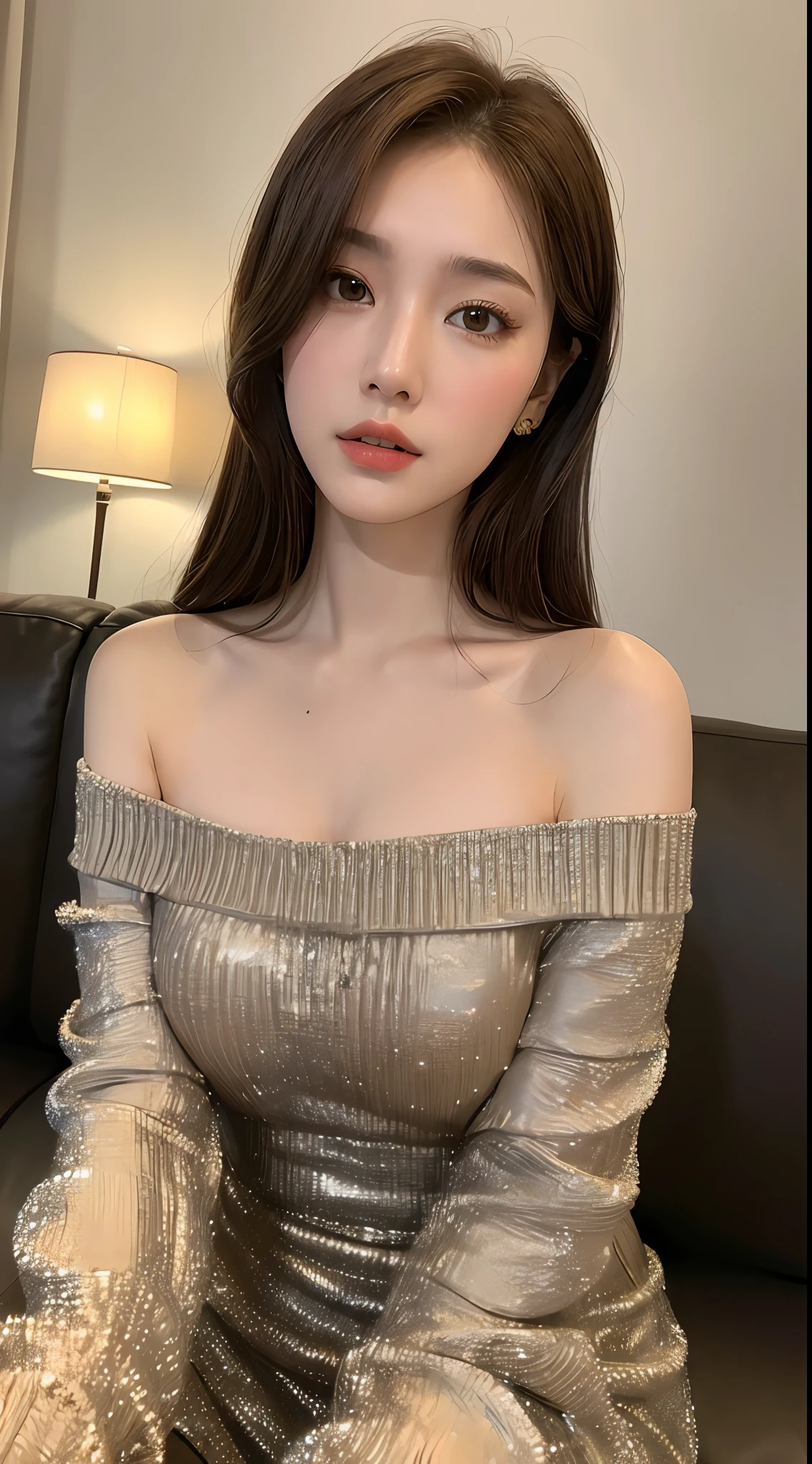((Night view, realistic light, best quality, 8k, masterpiece: 1.3)), 1girl, pretty woman with slim figure: 1.4, (brown hair, medium breasts: 1.3), off-the-shoulder cut top: 1.3, sofa, super detailed face, detailed eyes, double eyelids