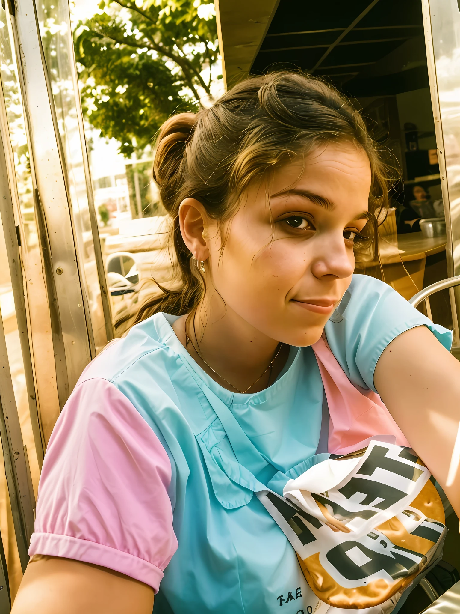 there is a woman sitting at a table with a donut in her hand, without makeup, 3 0 years old woman, 30 years old woman, around 1 9 years old, no makeup wavy hair, 2 4 years old, 2 3 years old, young woman in her 20s, taken in the early 2020s, 2 4 year old female model