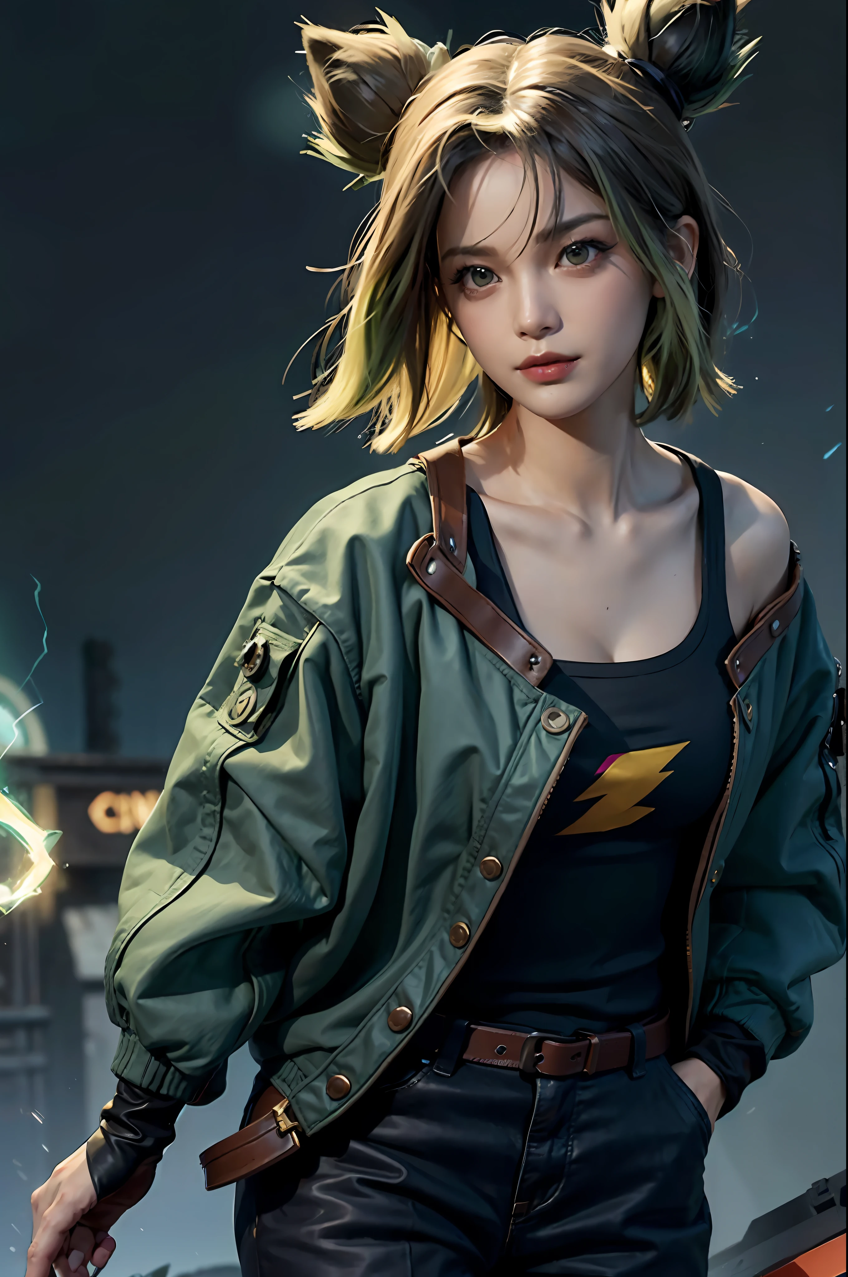 grass, sky, (field), zeri \(league of legends\), league of legends, 1girl, solo, green hair, twintails, bangs, parted bangs, green eyes, bandaid on face, collarbone, bare shoulders, off shoulder, long sleeves, breasts, jacket, blue jacket, open clothes, open jacket, orange tank top, midriff, gloves, black gloves, fingerless gloves, pants, black pants, belt,(extremely detailed CG unity 8k wallpaper), (best quality), (ultra-detailed), (photorealistic),wallpaper,best quality,extremely detailed eyes and face, beautiful detailed eyes,light on face,lightning,Electric spark
