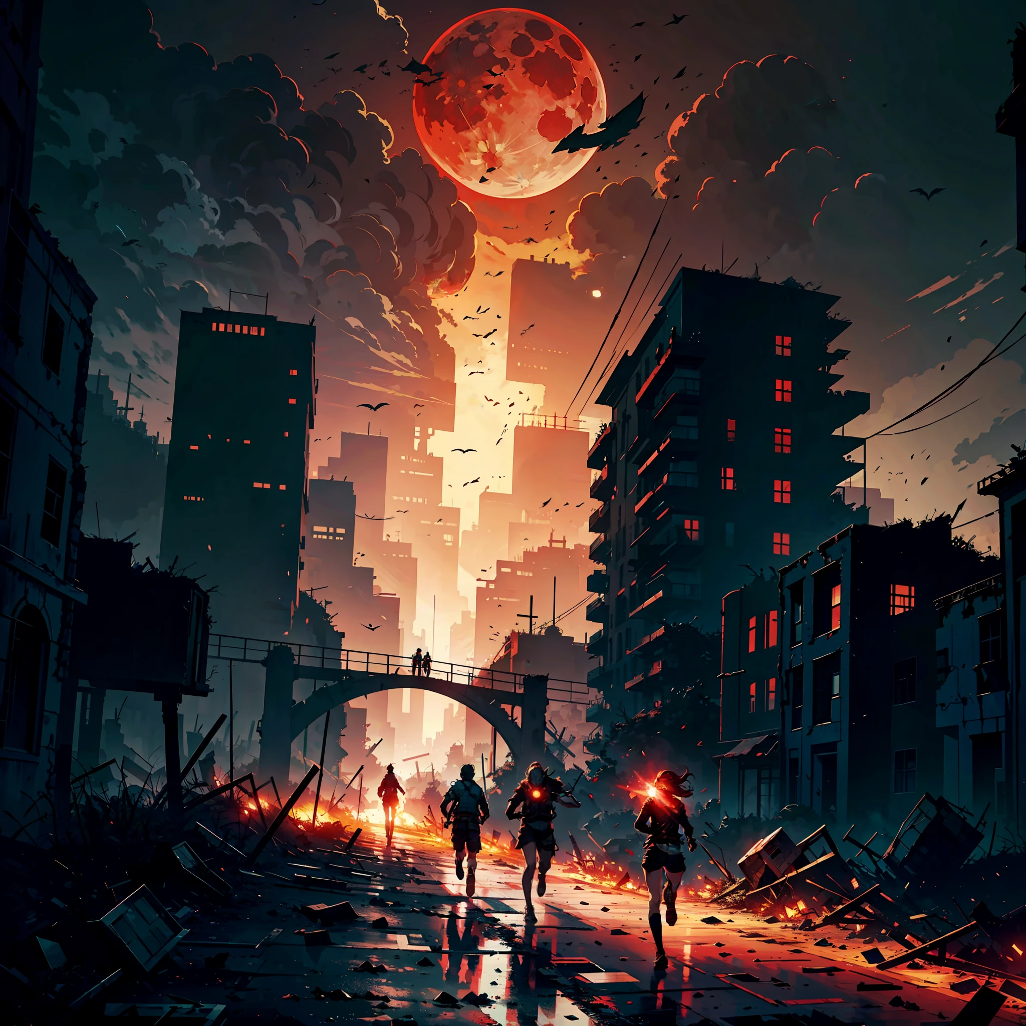 A ruined city, city ruins, a red moon in the sky, disaster struck, panicked humans, running around