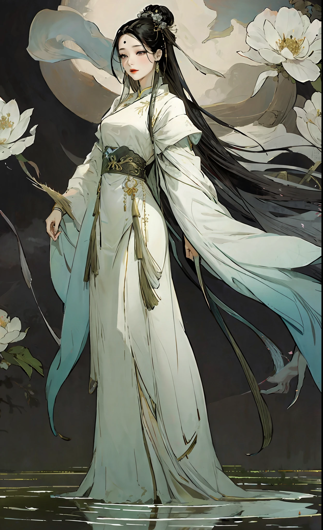 ((Masterpiece)), ((best quality)), 8K, high detailed, ultra-detailed,
the stunning beauty of a traditional Chinese beauty dressed in a flowing, red and white gown speaks of grace, refinement and elegance. Her perfectly proportioned body is accentuated by the full, flowing sleeves and the fitted, embroidered bodice of the dress, with a white sash tied in a dainty bow at her slender waist. Her delicate features are framed by long, silky hair that falls down her back in waves. Her serene expression is complemented by rosy cheeks and full red lips. In the background, the scene is set with graceful bamboo trees, cherry blossom petals, and a tranquil, tranquil water feature. This striking image symbolizes the timeless, understated grace of traditional Chinese beauty, where poise, refinement and striking beauty come together in perfect harmony.