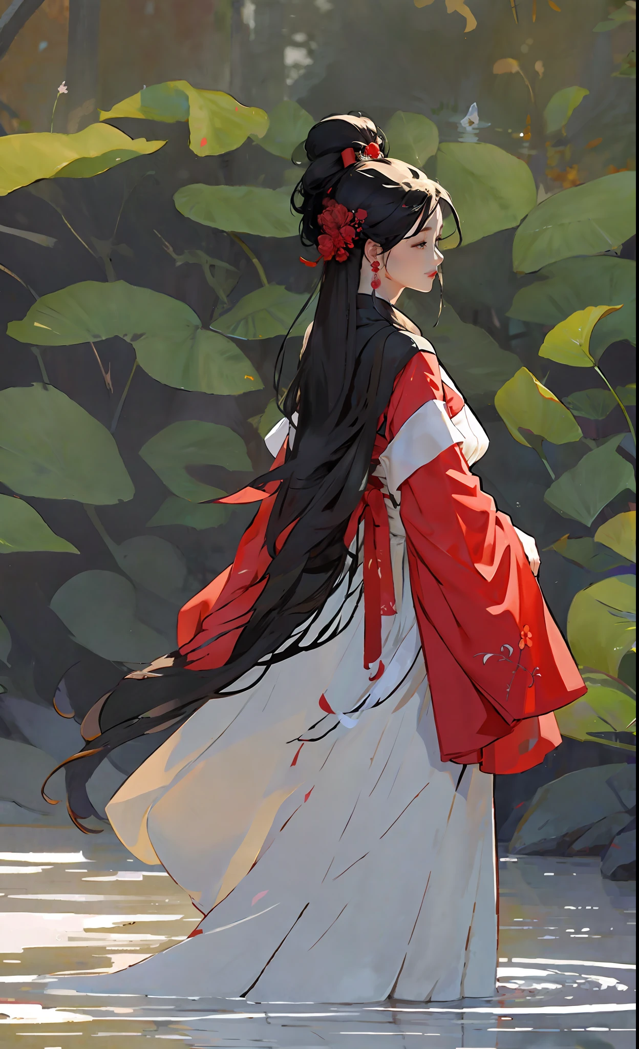 ((Masterpiece)), ((best quality)), 8K, high detailed, ultra-detailed,
the stunning beauty of a traditional Chinese beauty dressed in a flowing, red and white gown speaks of grace, refinement and elegance. Her perfectly proportioned body is accentuated by the full, flowing sleeves and the fitted, embroidered bodice of the dress, with a white sash tied in a dainty bow at her slender waist. Her delicate features are framed by long, silky hair that falls down her back in waves. Her serene expression is complemented by rosy cheeks and full red lips. In the background, the scene is set with graceful bamboo trees, cherry blossom petals, and a tranquil, tranquil water feature. This striking image symbolizes the timeless, understated grace of traditional Chinese beauty, where poise, refinement and striking beauty come together in perfect harmony.