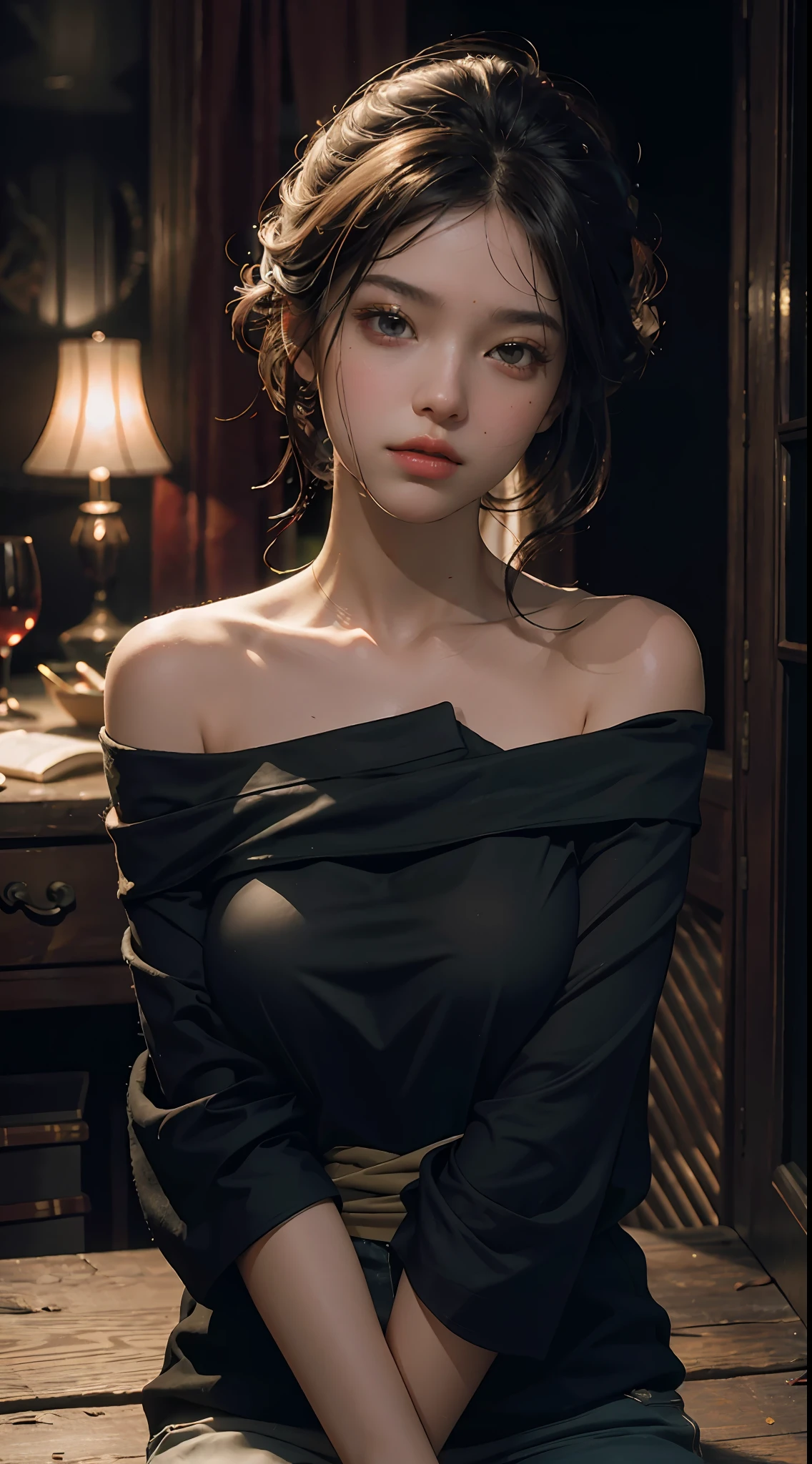 Best quality, masterpiece, ultra high res, (photorealistic:1.4), raw photo, 1girl, off shoulder, cinematic lighting