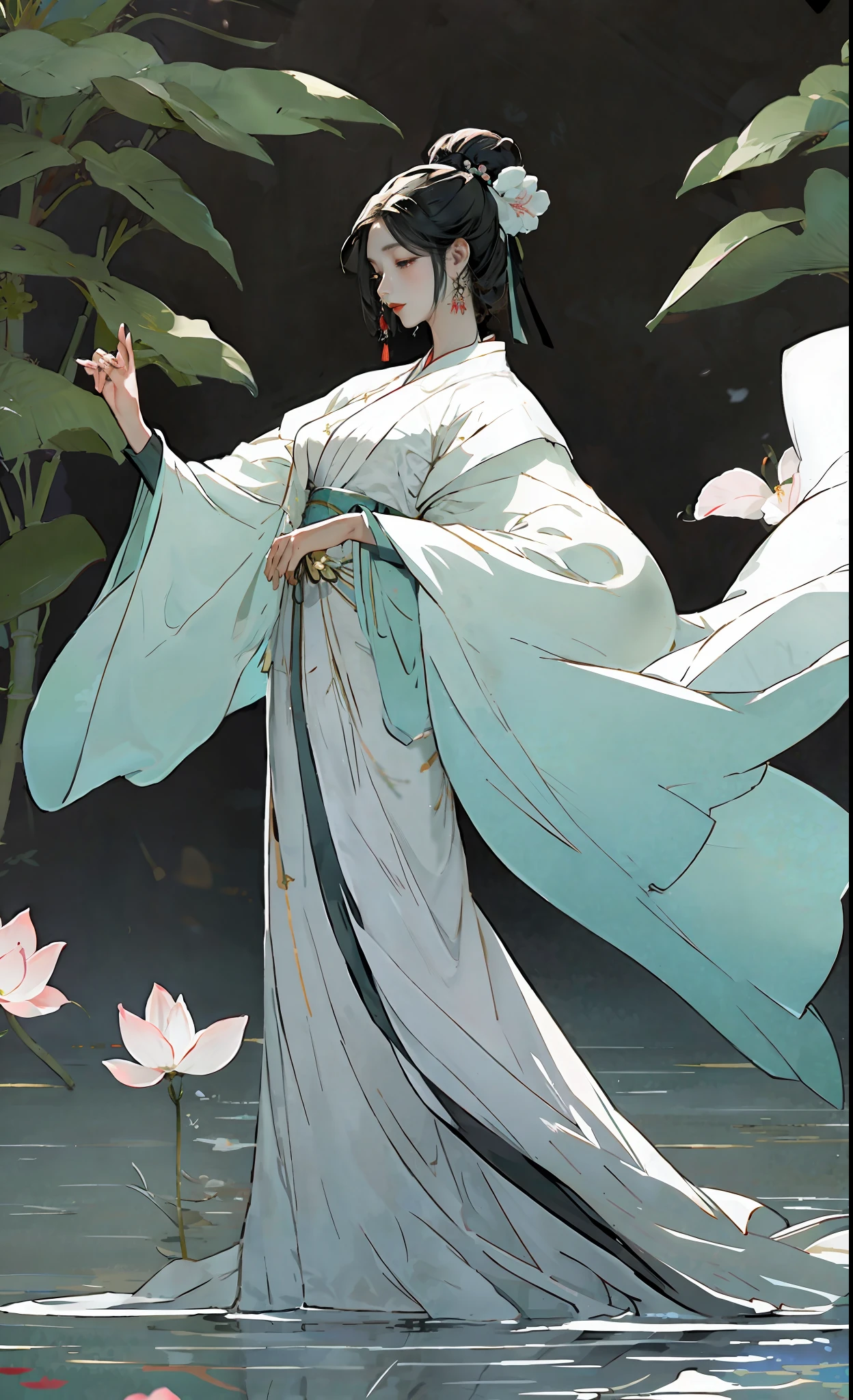 ((Masterpiece)), ((best quality)), 8K, high detailed, ultra-detailed,
the stunning beauty of a traditional Chinese beauty dressed in a flowing, red and white gown speaks of grace, refinement and elegance. Her perfectly proportioned body is accentuated by the full, flowing sleeves and the fitted, embroidered bodice of the dress, with a white sash tied in a dainty bow at her slender waist. Her delicate features are framed by long, silky hair that falls down her back in waves. Her serene expression is complemented by rosy cheeks and full red lips. In the background, the scene is set with graceful bamboo trees, cherry blossom petals, and a tranquil, tranquil water feature. This striking image symbolizes the timeless, understated grace of traditional Chinese beauty, where poise, refinement and striking beauty come together in perfect harmony.