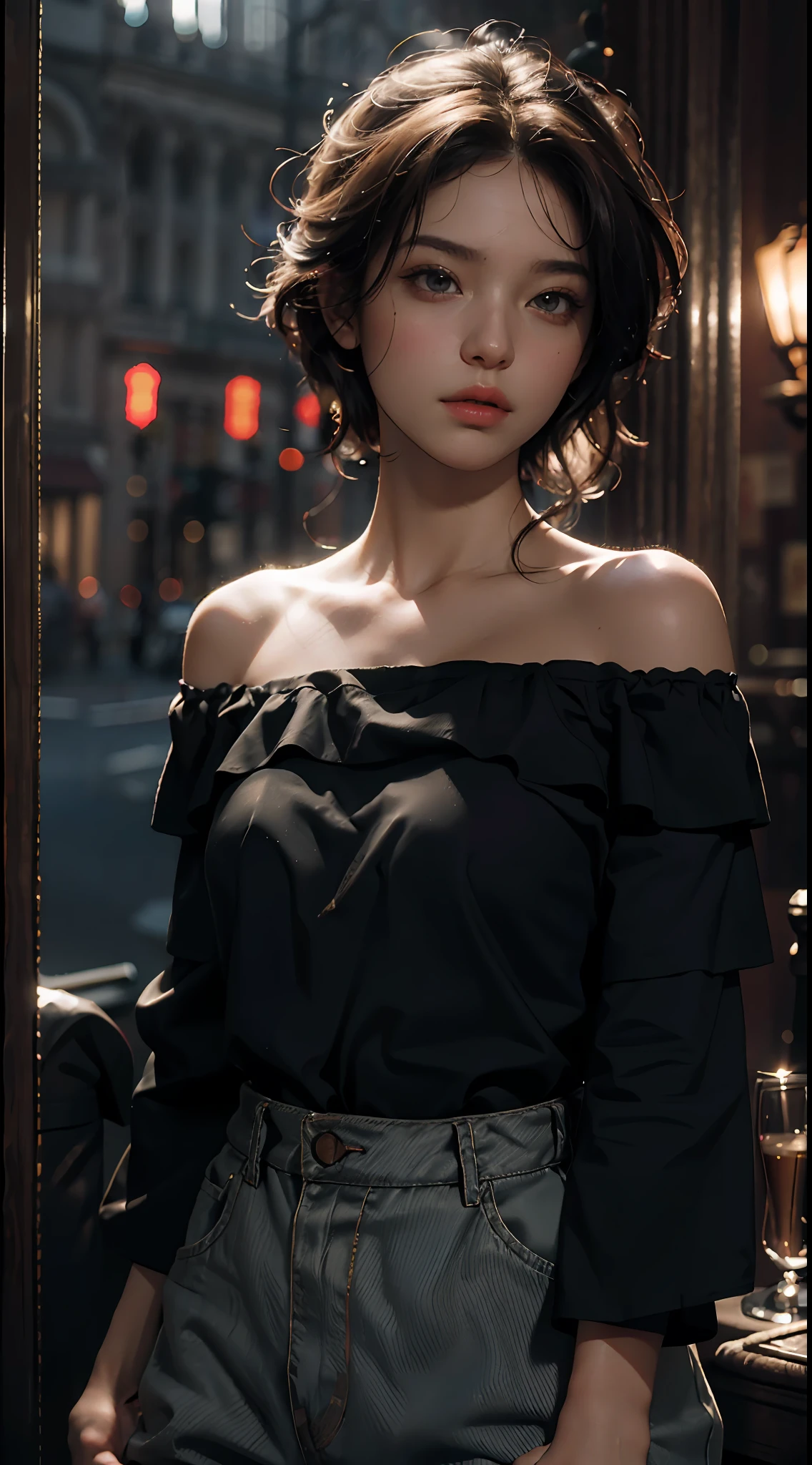Best quality, masterpiece, ultra high res, (photorealistic:1.4), raw photo, 1girl, off shoulder, cinematic lighting