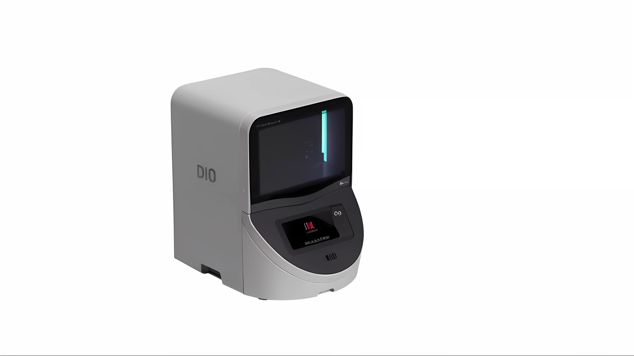 a close up of a small white printer on a black background, drum scanner, dio, dxo photolab, computer cgi, red laser scanner, digitally enhanced, professional high quality scan, high - resolution scan, holographic case display, monochrome 3 d model, dug stanat, high quality scan, polaroid octane render, 3d computer render