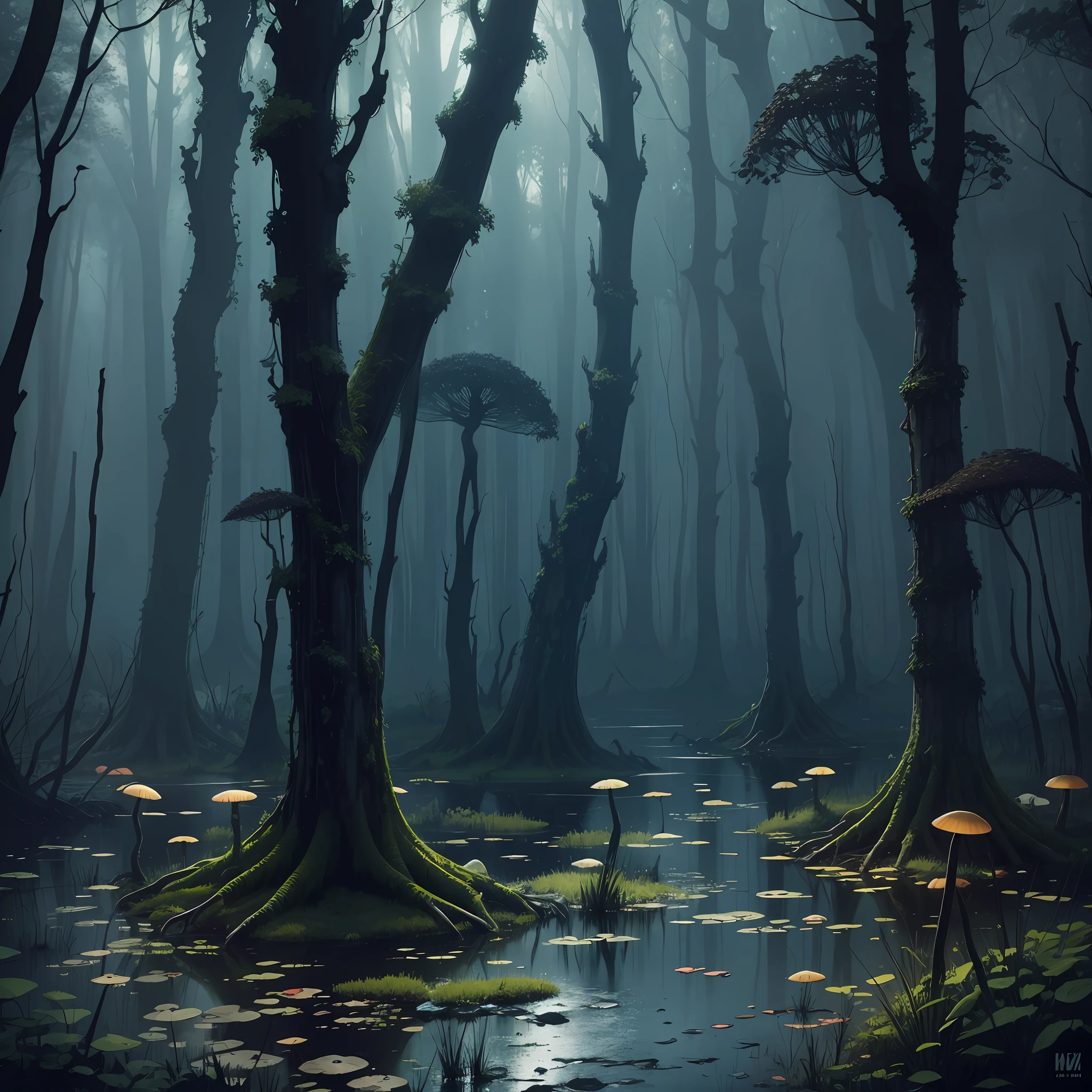 Night, dark, dark tones, dense primeval forest, swamps, mushrooms, bones --auto --s2