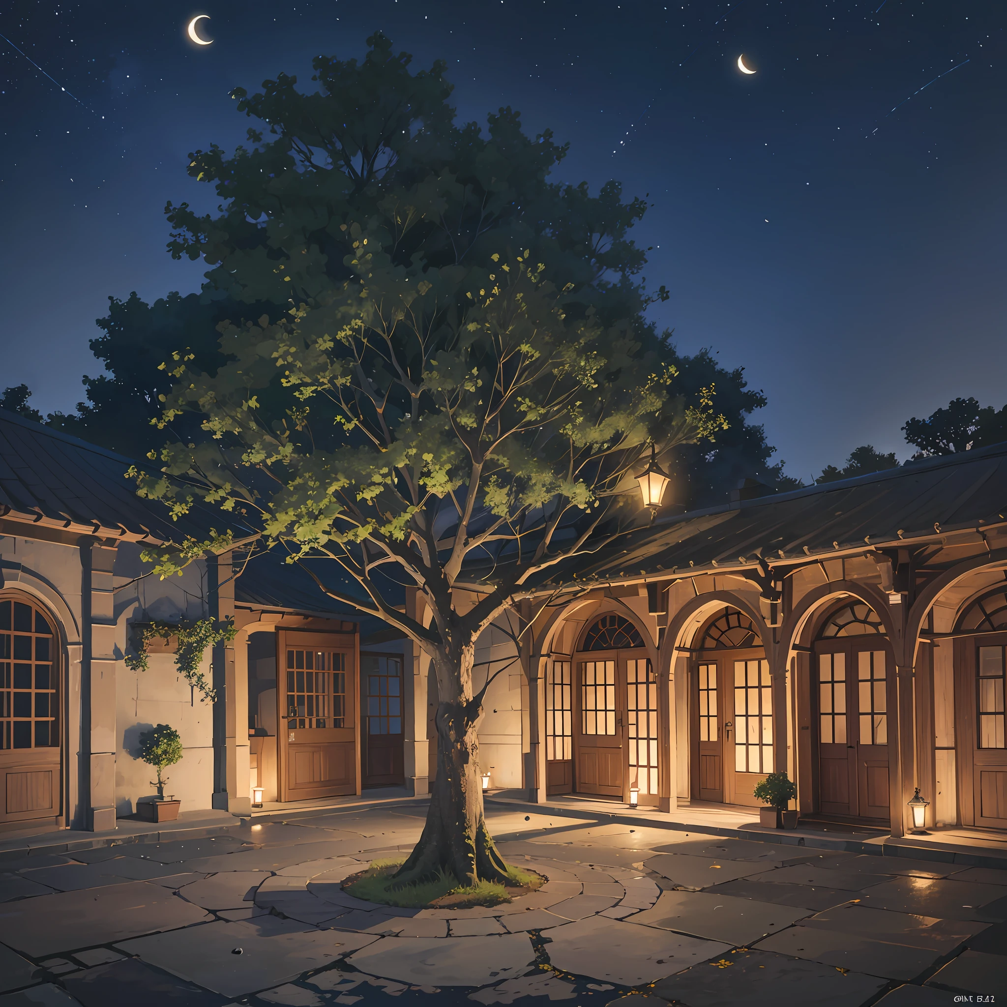 At night, in the courtyard, an old plane tree, a round and a half moon in the sky --auto --s2