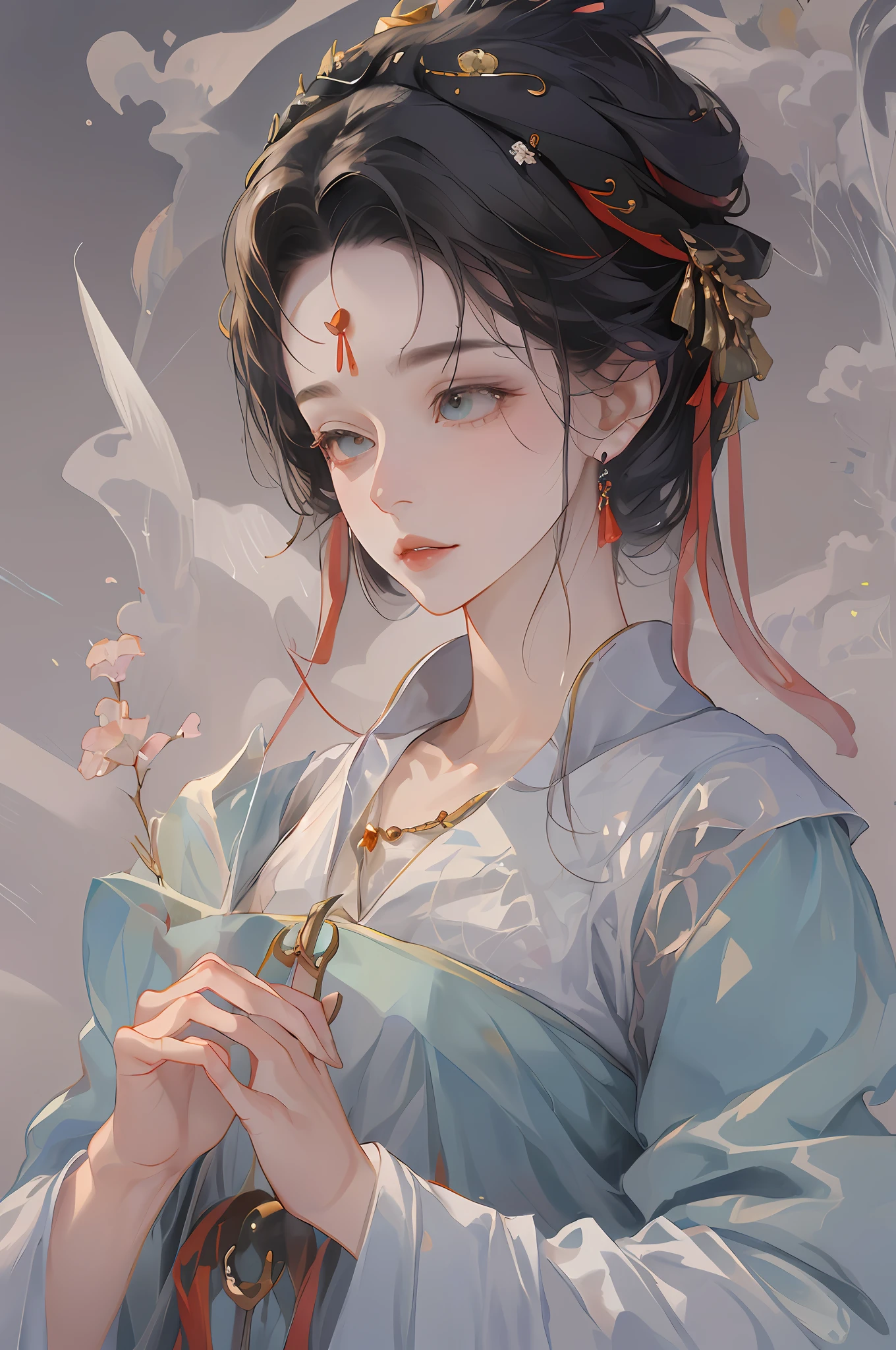 (Absurd, High Resolution, Ultra Detailed), 1girl, Solo, Ancient Chinese Costume, White Pink Dress, Very Detailed Eye, (Official Art, Beauty and Aesthetics: 1.2), (Fractal Art: 1.3), Most Detailed