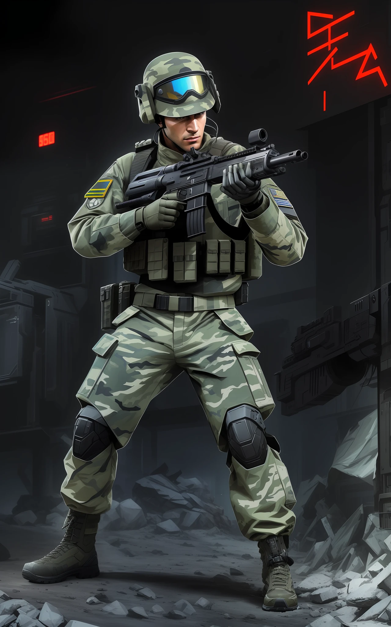 arafed soldier in camouflage holding a rifle in a dark room, concept art like ernest khalimov, realistic soldiers, sci-fi soldier, cyberpunk soldier, futuristic soldier, soldier, expert high detail concept art, rugged soldier, fps game concept art, dressed in tactical armor, future soldier clothing, mechanized police infantry, cyberpunk imperial military, soldier outfit