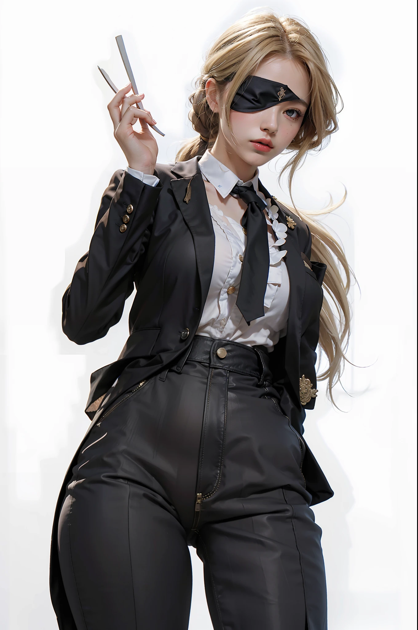 Best quality, masterpiece, big boobs, (large breasts), detailed skin texture, detailed cloth texture, detailed face, super detail, 8k, intricate detail, 1girl, blindfold on the right, blonde hair, white shirt, black suit