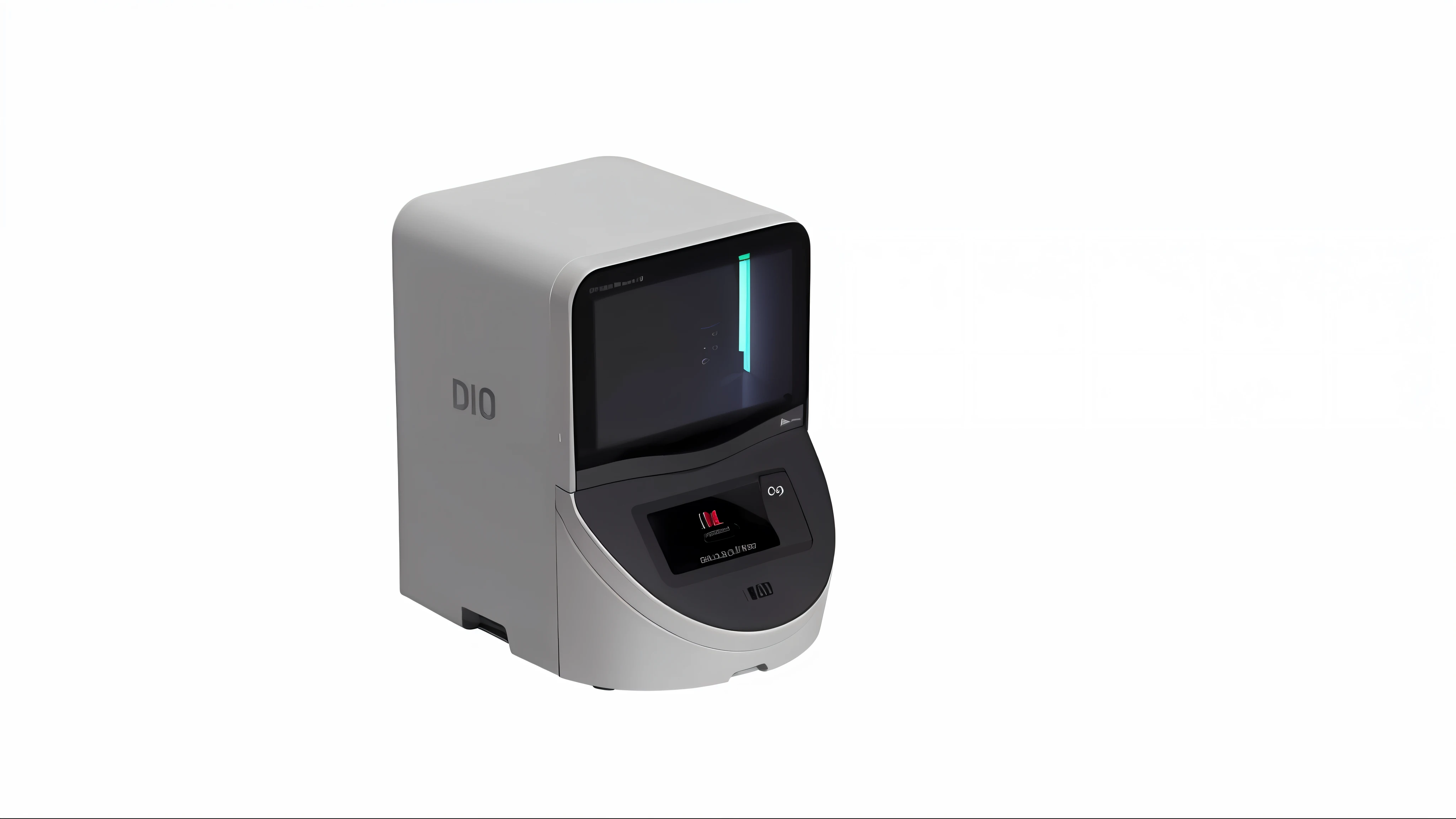 a close up of a small white printer on a black background, drum scanner, dio, dxo photolab, computer cgi, red laser scanner, digitally enhanced, professional high quality scan, high - resolution scan, holographic case display, monochrome 3 d model, dug stanat, high quality scan, polaroid octane render, 3d computer render