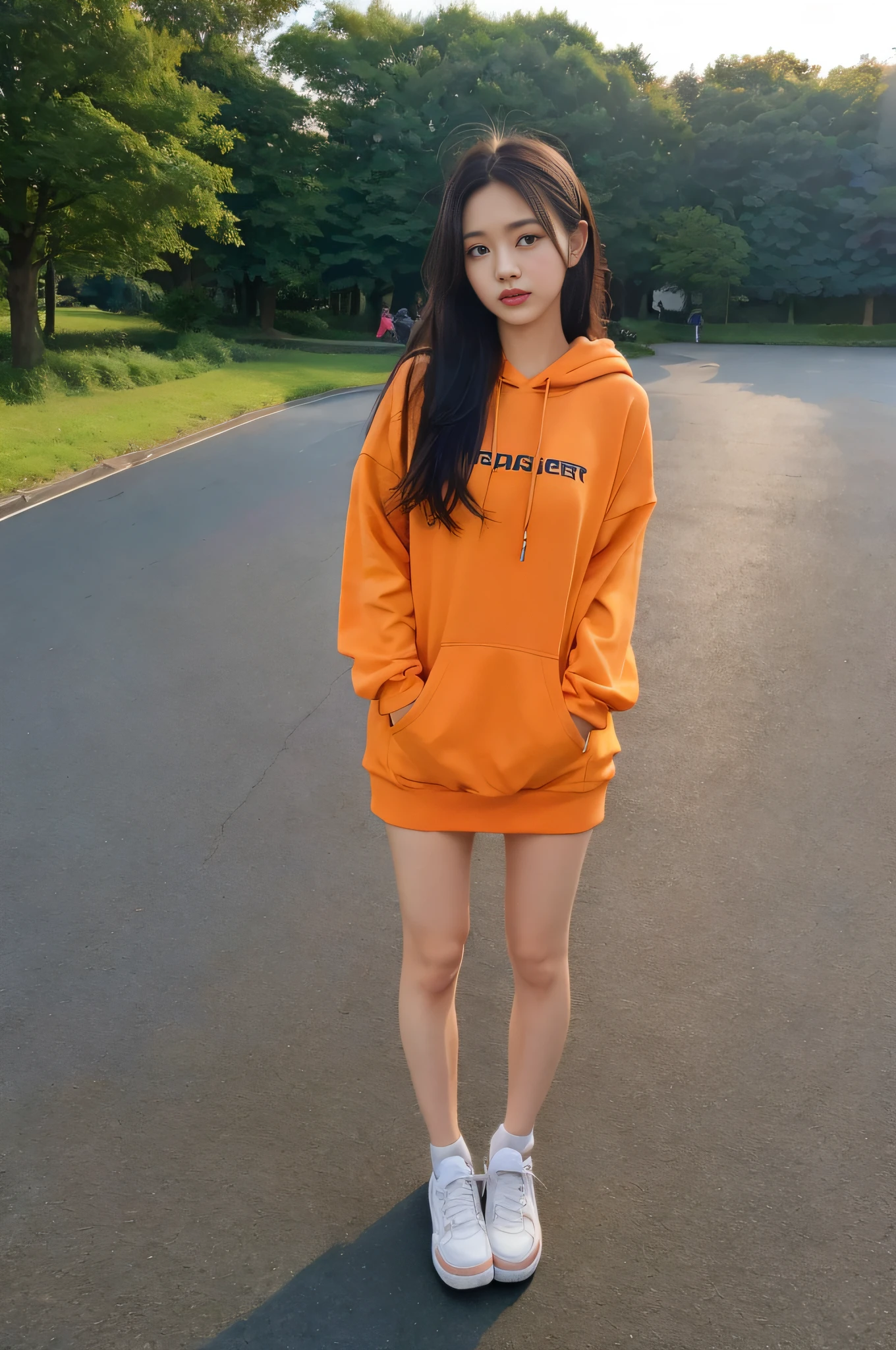 Eight Heads High Model, Orange Hoodie Trainer, Beauty 1, Black Hair, Yoyogi Park in the evening