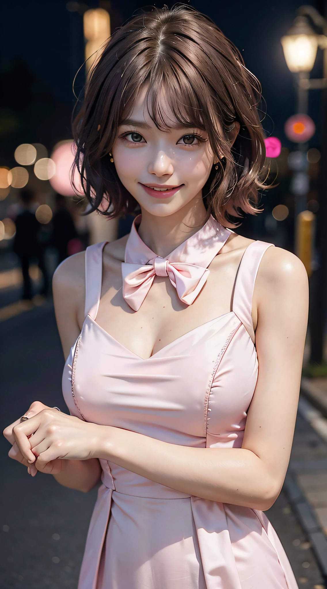 ((((short hair)))), ((((brown hair)))), best quality, 8K, HDR, highres, absurdres:1.2, blurry background, bokeh:1.2, Photography, (RAW photo:1.2), (photorealistic:1.4), (masterpiece:1.3), (intricate details:1.2), 1girl, solo, japanese girl, delicate, beautiful detailed, (detailed eyes), (detailed facial features), petite, beautiful and clear eyes, detail eye pupil, (((large breasts))), skin tight, (looking_at_viewer), from_front, (skinny), (best quality:1.4), (ultra highres:1.2), cinema light, (extreme detailed illustration), (lipgloss, best quality, ultra highres, depth of field, caustics, Broad lighting, natural shading, 85mm, f/1.4, ISO 200, 1/160s:0.75),1girl, solo, ((smile)), (((slim body))), (ulzzang-6500-v1.1:0.5), upper body, ((((pink formal dress:1.2)))), standing,(pureerosface_v1:0.5), Tokyo street,night, cityscape,city lights, close up,