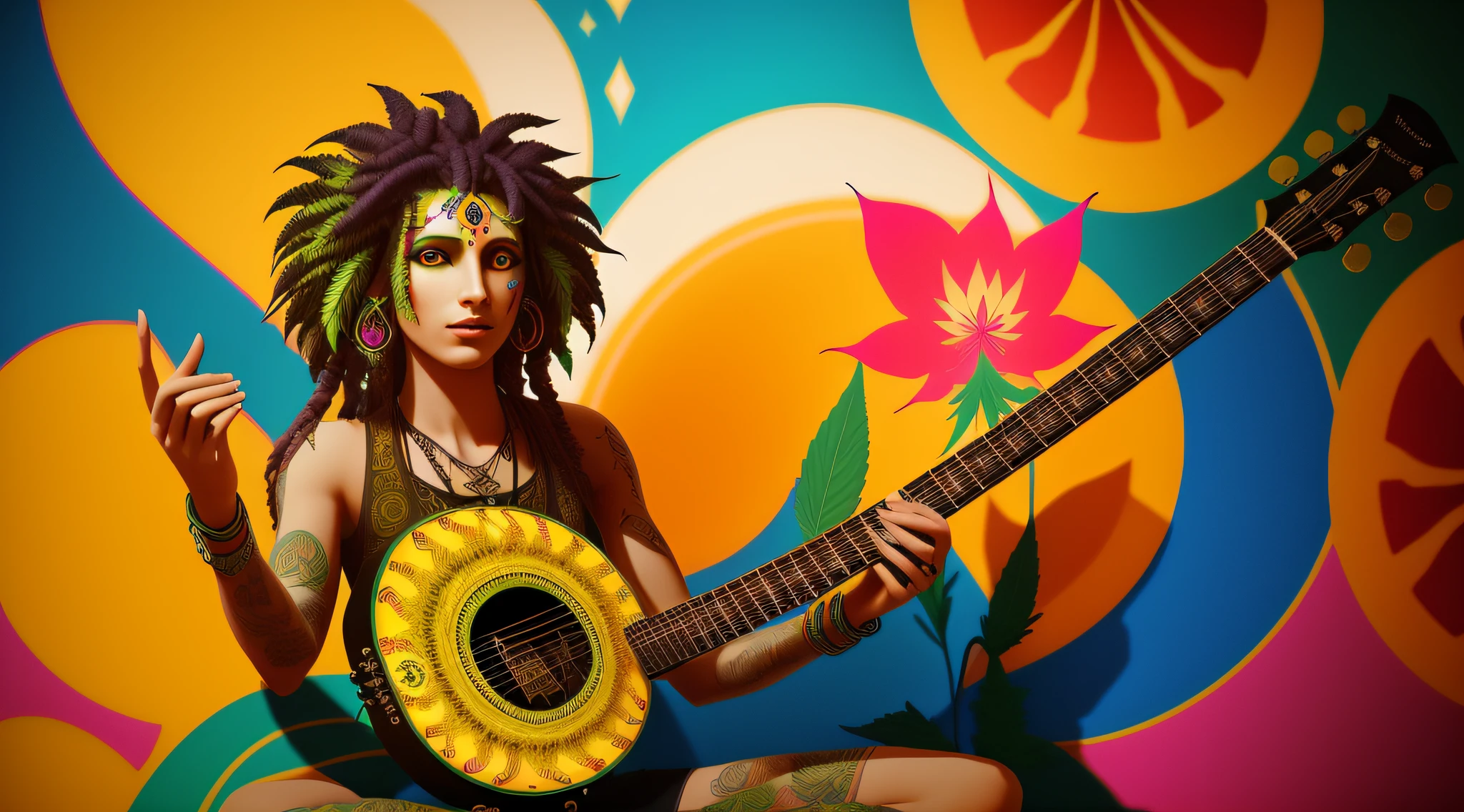 (Replacing the background with a psychedelic one is incomprehensible that fractal cannabis plants)! psychedelic style, guitars, psytrance, guitar playing, musicians, !5 three-eyed goddesses, extremely psychedelic experience, beautiful avatar pictures, god of music, Shiva, psychedelic coloring, rock music, psychedelic effects