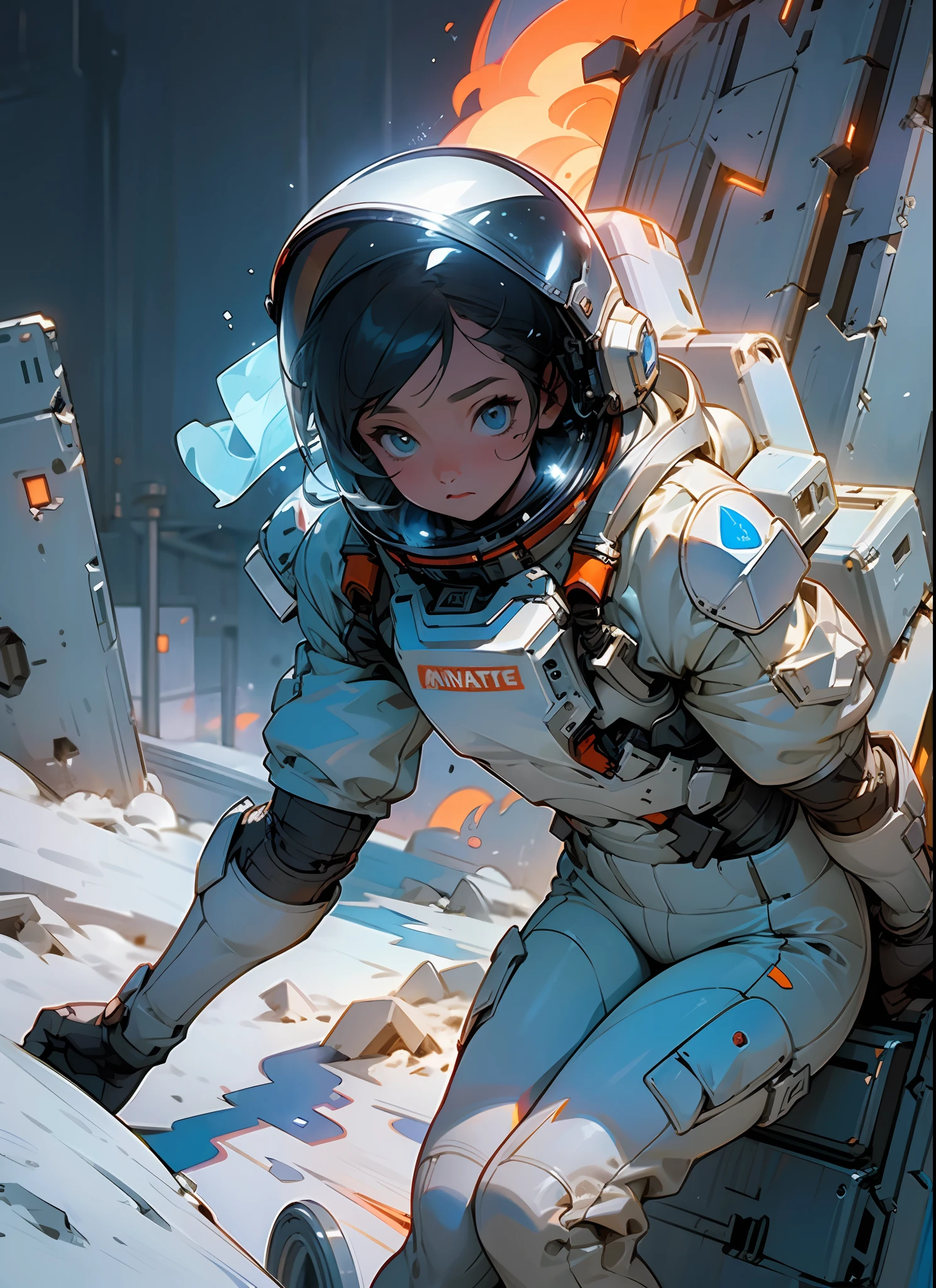 masterpiece, hyperdetail, Illustrations, dynamic angle, 1 girl, spacesuit, full body, outdoor, snowstorm, small flame, post-apocalyptic wasteland, third person, cinematic lighting