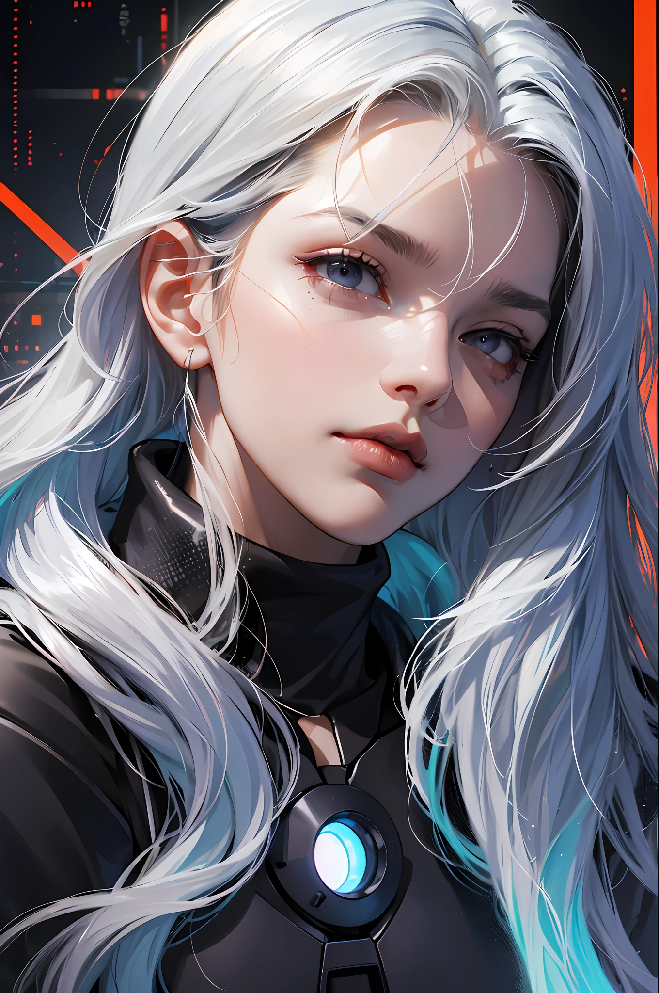 (absurdres, highres, ultra detailed), 1woman, mature female, aged up, wavy long hair, white hair, black eyes, bangs, long sleeves, finely detailed eyes and detailed face, extremely detailed CG unity 8k wallpaper, intricate details, portrait, looking at viewer, solo, (full body:0.6), detailed background, detailed face, (matrix theme:1.1) evil high-tech futuristic hacker,  advanced technology, hoodie, techwear, wearable device, keycard, cables, head-up display, blue (holographic display:1.05), access granted,   cybersecurity, server room in background, orange lights,  dark sinister atmosphere, , portrait, wind swirling