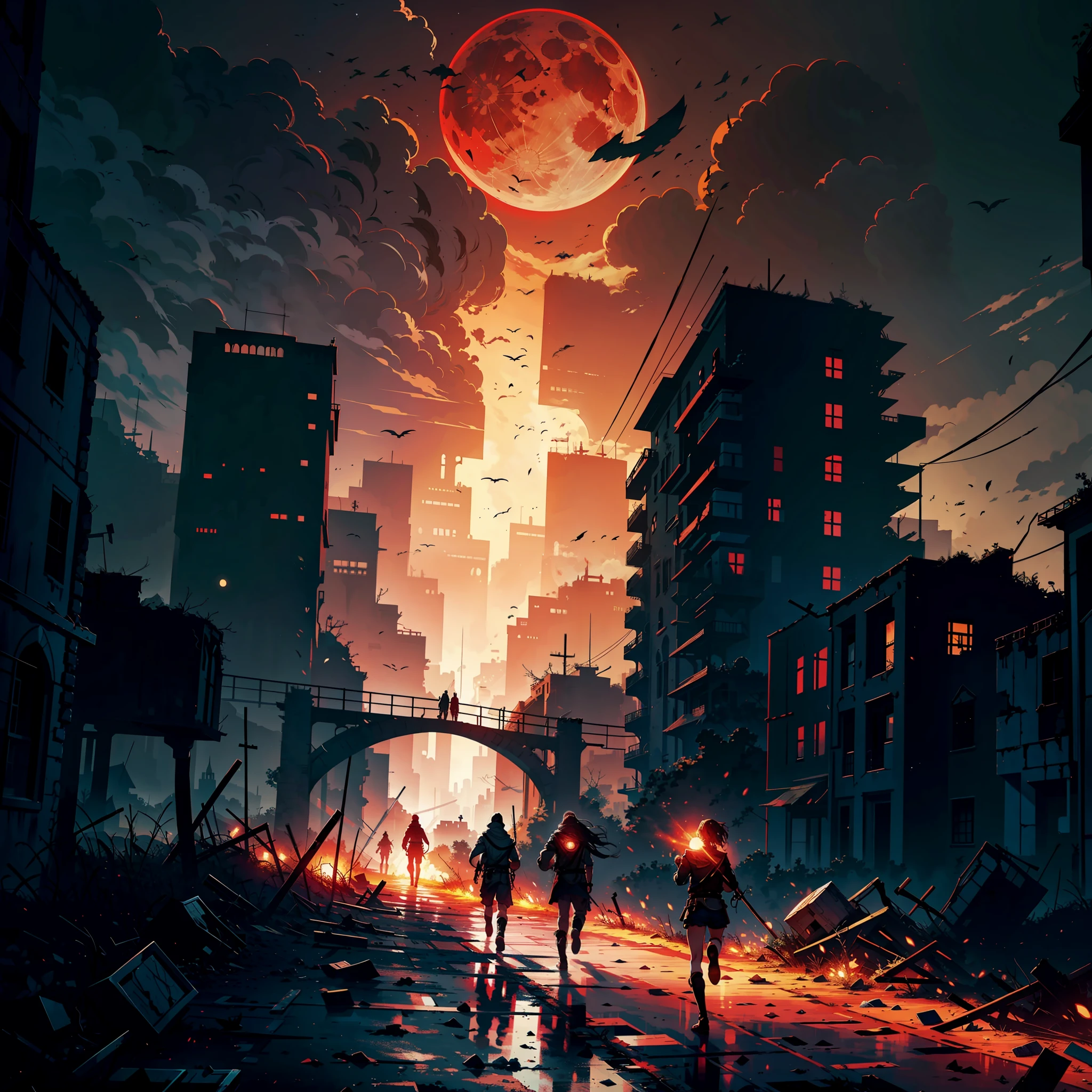 On the outskirts, deserted, with a red moon in the sky, huge castles and fortresses, disaster struck