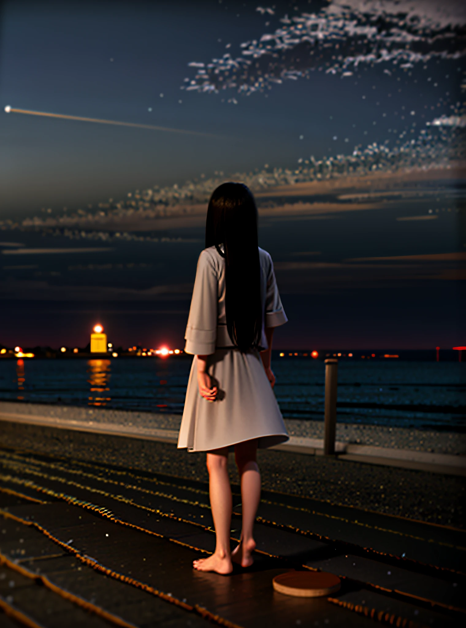 Woman walking on the beach at night, the moon is in the sky, standing on the beach, the night is calm. Over-the-shoulder shot, beautiful girl on the horizon, beautiful lonely girl, night photo, at night, sunset on the beach, night sea, sitting on the beach at night, standing by the sea, standing near the beach, glare flash photo at night