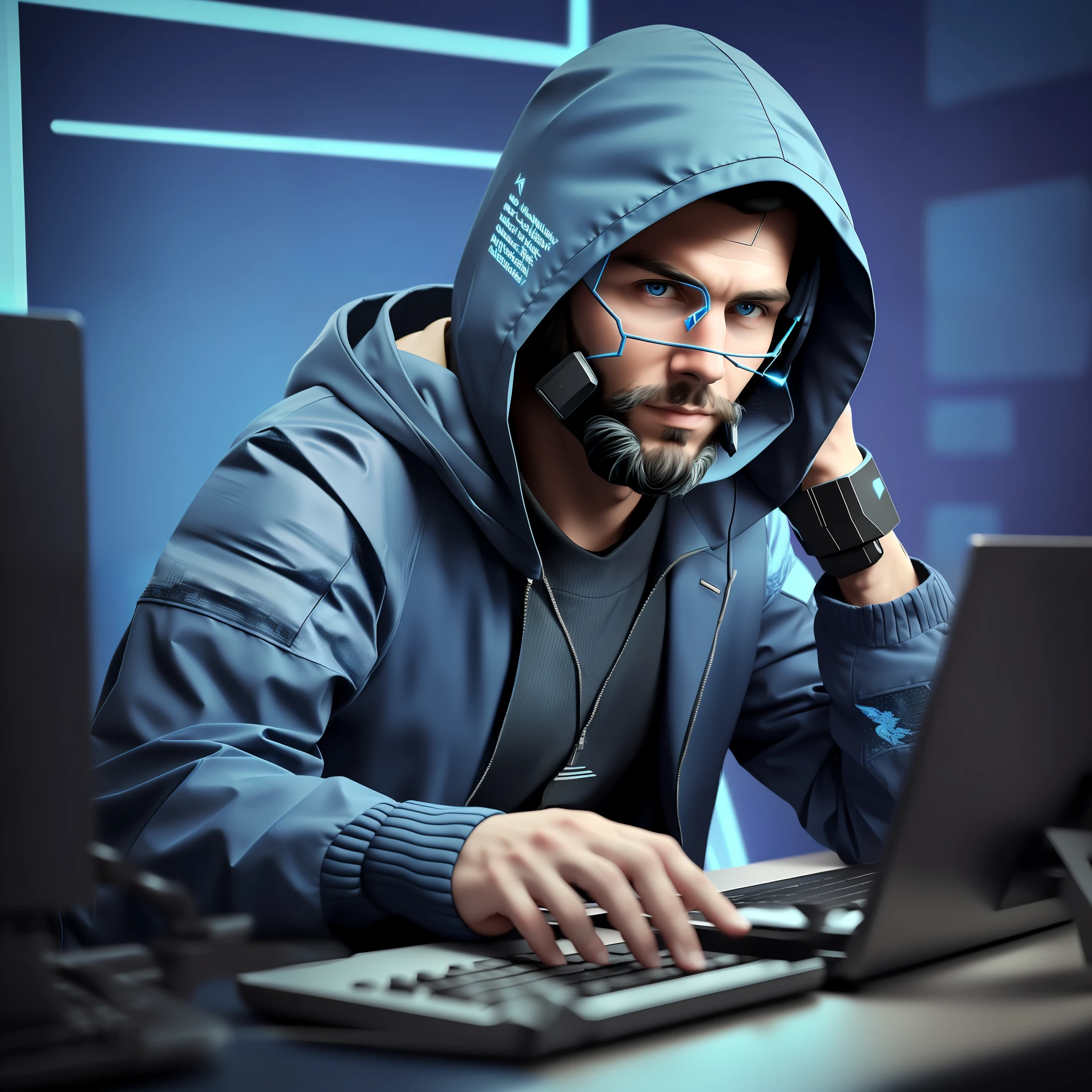 20-something man, sitting at a computer, with mask, cyberpunk, wearing blue coat and hood, blue background, blue colors only, computer in the background, cyberpunk style, with a phoenix on his shoulder, ornaments on his feathers, pixabay contest winner, computer art, rendered in cinema4d, rendered in unreal engine, ultra realistic 8k, hacker, hack, money, technological and computerized background, without beard