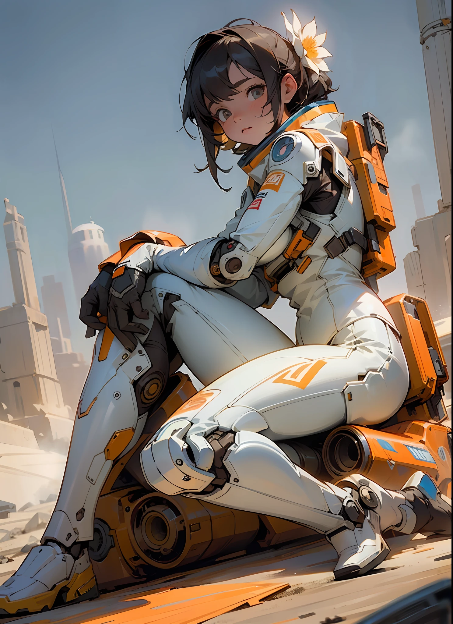 masterpiece, hyperdetail, Illustrations, dynamic angle, 1 girl, spacesuit, full body, outdoor, dust, sandstorm, post-apocalyptic wasteland, third person, withe flower, cinematic lighting