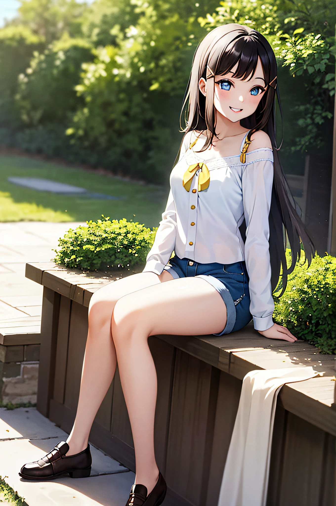 masterpiece, best quality, 1girl, long hair, middle breasts,shorts, blouse, blue eyes, hair ornament, hair clip, parted lips, smile,park