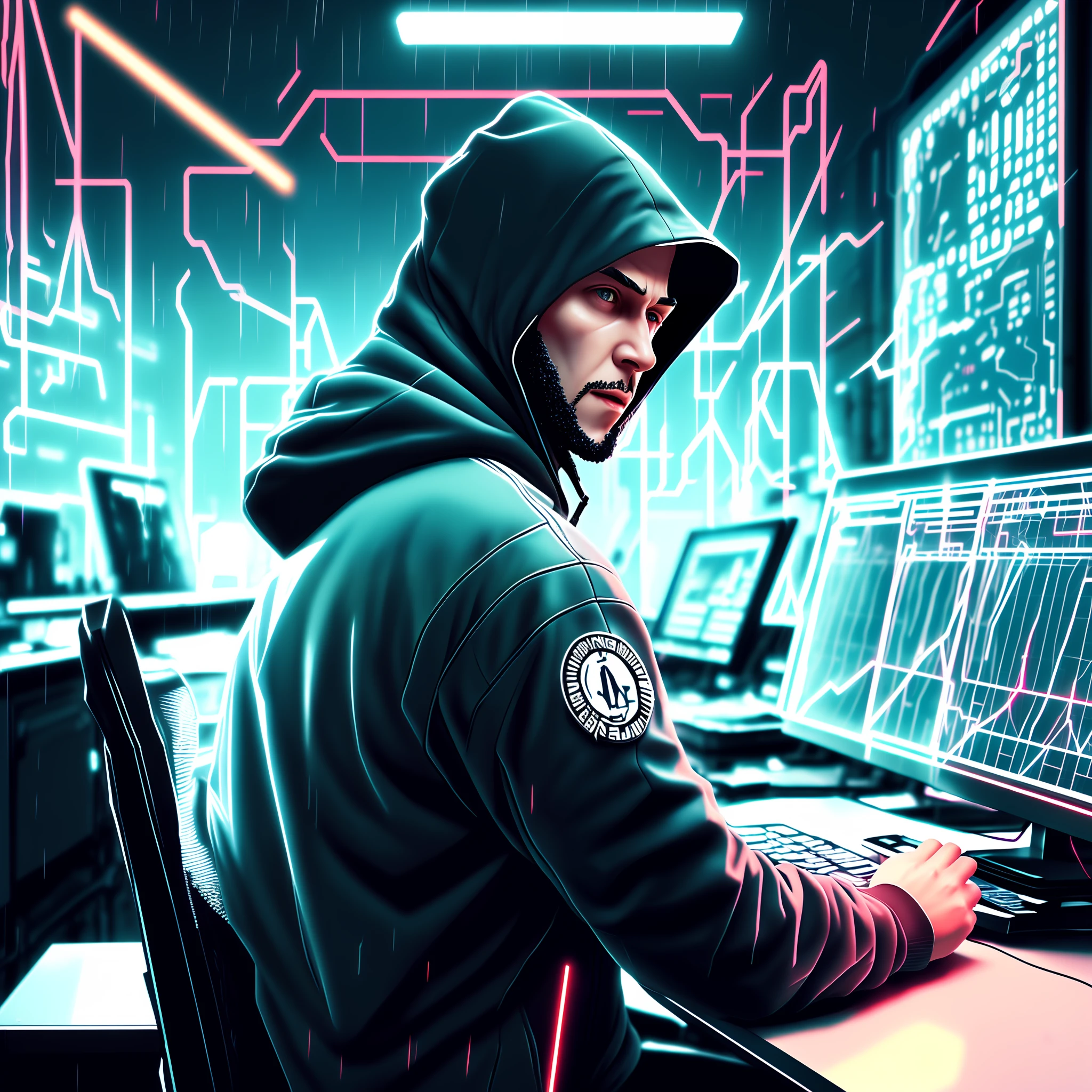 arafed person in a hoodie sitting at a desk with a laptop anonymous mask of Guy Fawkes, hacker, hacking, mainframe hacking, blue matrix code, cyberpunk hacker, man stealing computers, photo discovery, hacking effects, cyber style, cyber warfare, crazy hacker, matrix code, cyber background, computerized background, a database behind, overload, online, the, cyber,  Photo illustration, widely dominant blue colors, only blue colors, black coat, high-tech computer and cell phone, inspired by watch dogs, money on the table, money focused on high quality flying around you sharply, whole body, technological table