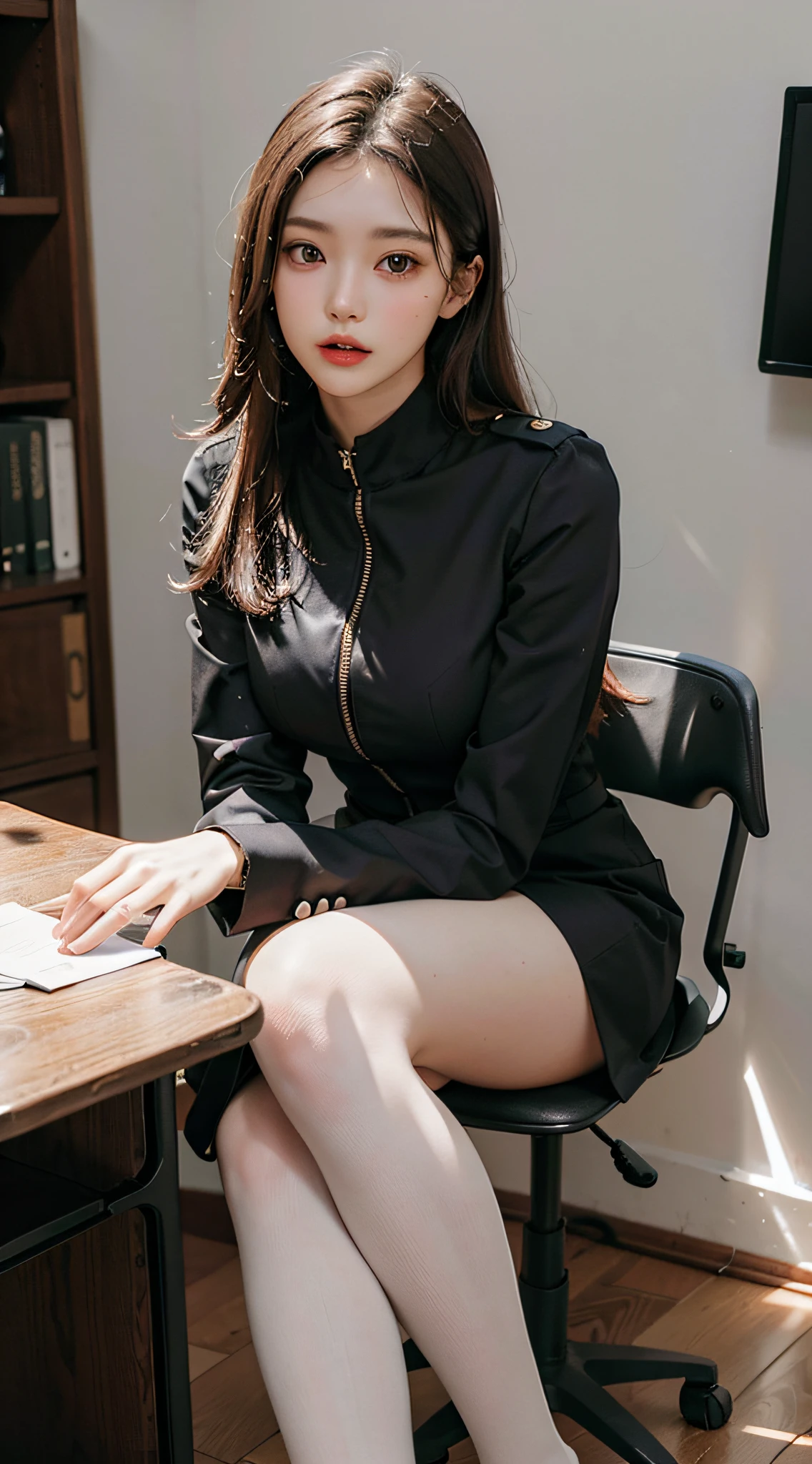 Best quality, full body portrait, delicate facial features, beautiful face, 25 years old woman, slim figure, , OL uniform, office clothes, black thick stockings, sitting position