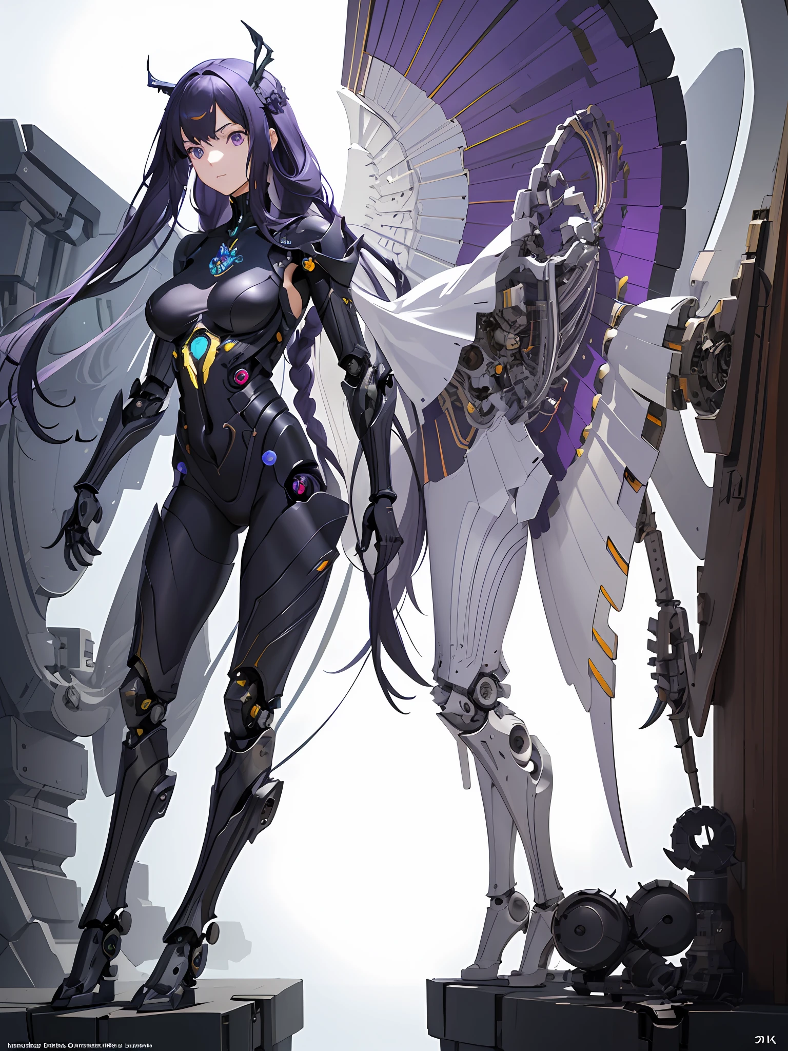 masterpiece, best quality, movie, official art, promotional art, movie wallpaper, extremely detailed CG unity 4k wallpaper, intricate details, white background, full body, concept art, production art, (Mechanical components:1.5),(mechanical prosthesis:1.5), mechanical wings, wings, highres, (realistic, photo-realistic:1.2), physically-based rendering, machinery, reflection, realistic, cyberpunk, symmetric front view close up head shot eyes symmetry face very sharp focus realistic award winning matte drawing cinematic lighting, 1girl, robot, (illustration:1.1), slim,
fair skin,delicate face, tights,shine, black bodysuit, (purple long hair), purple eyes, laboratory, chip, shine, long braided hair