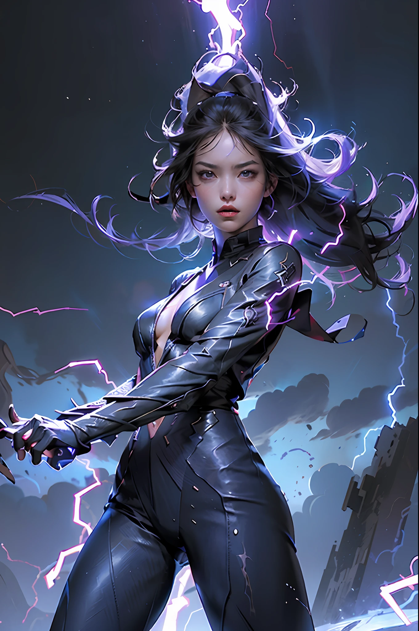 Best quality,masterpiece,ultra high res,,leilinggeng,lightning, ,Lots of blue lightning,drawing,lightning elemental energy towards herself,Beautiful girl,The body is wrapped in lightning, angry face, ragefull, energetic pose