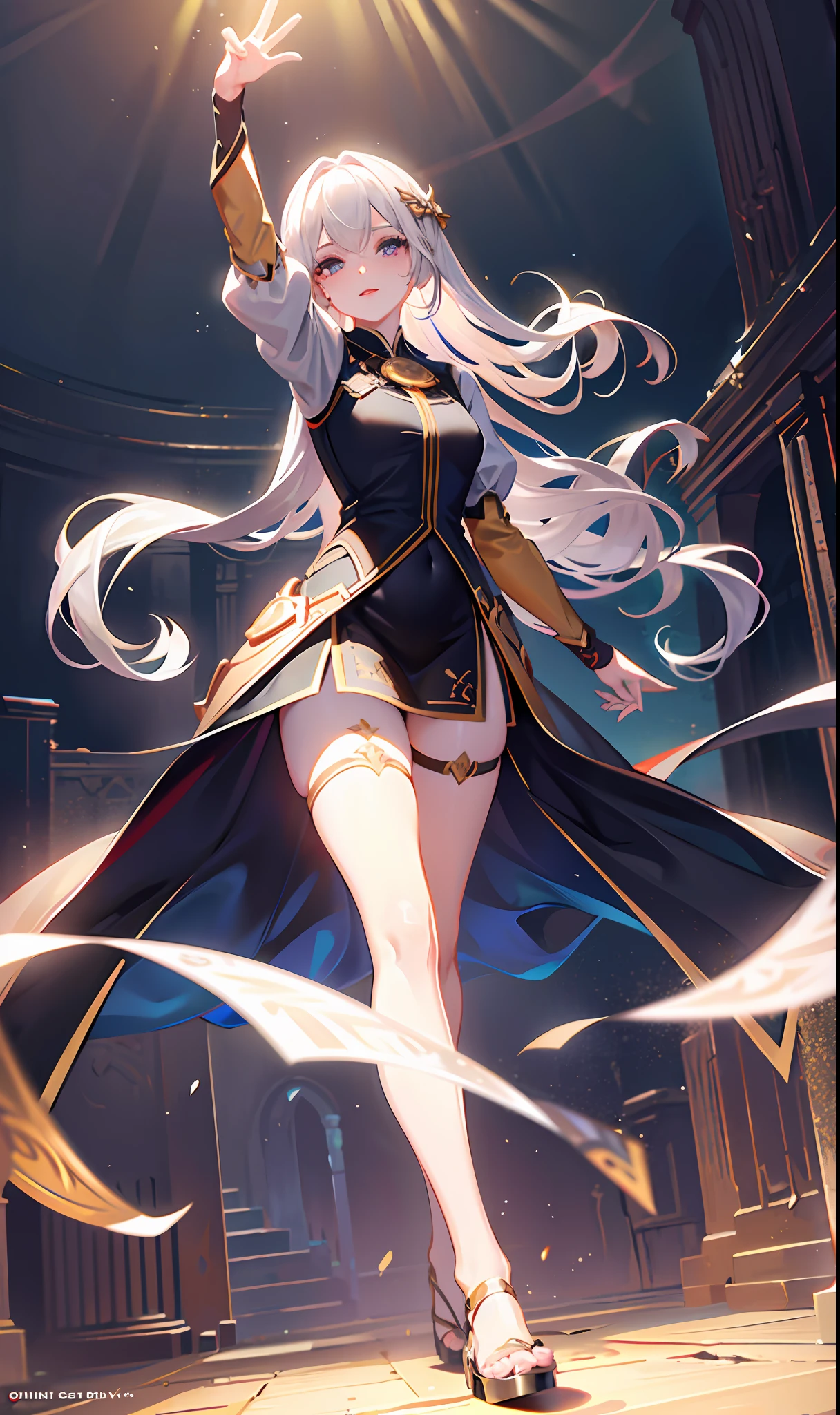 castle background, throne, cloud, glass, mountain, movie light, 1 girl, long hair, solo, standing on one leg, garter, thighs, dress, looking at the audience, very long hair, standing, silver hair, full body, smile, white hair, leg up, a girl, the best quality, masterpiece, illustration, an extremely delicate and beautiful, very detailed, CG, unity, 8k wallpaper, amazing, fine details, huge file size, super detailed, high resolution, extremely detailed, beautiful meticulous girl, Extremely detailed eyes and face, beautiful detailed eyes,