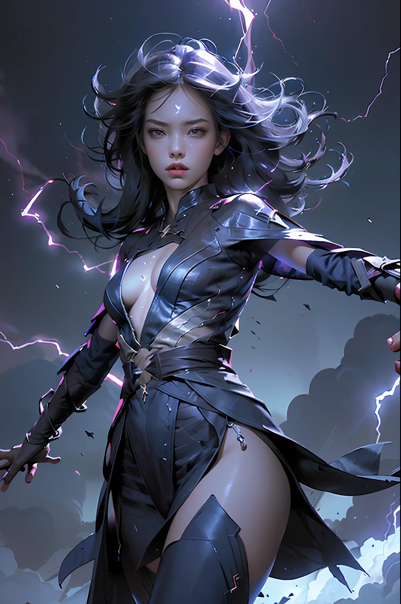 Best quality,masterpiece,ultra high res,,leilinggeng,lightning, ,Lots of blue lightning,drawing,lightning elemental energy towards herself,Beautiful girl,The body is wrapped in lightning, angry face, ragefull, energetic pose