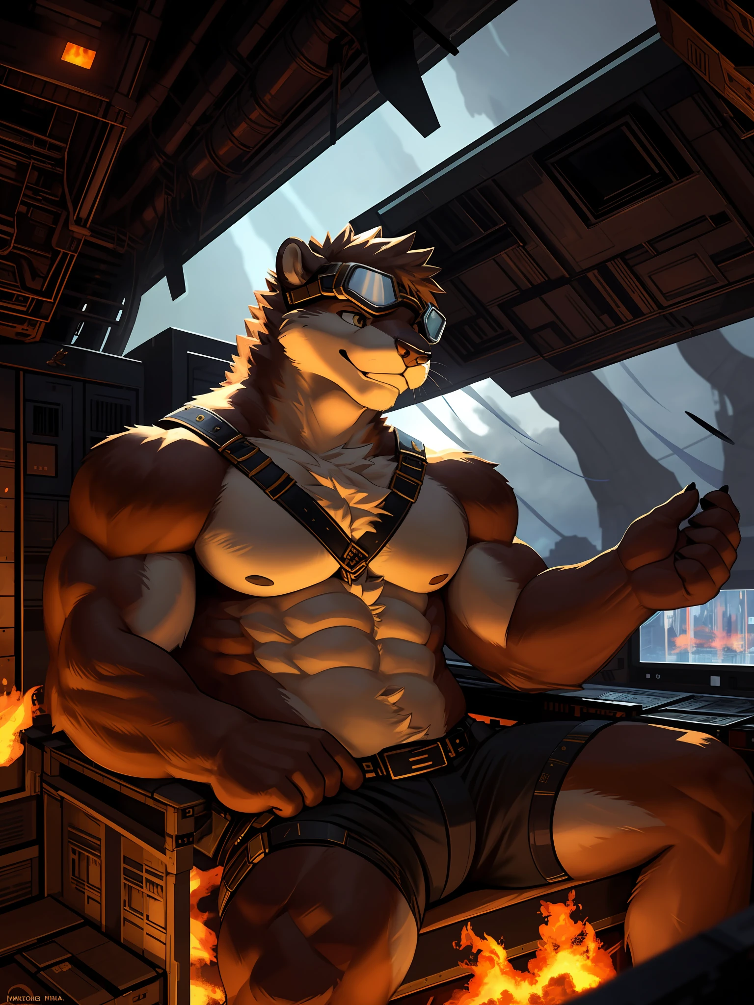 furry otter, brown fur, pilot, sitting in cockpit, combat, wearing large flying goggles, transparent goggles, fire, smoke, (bare chest), anatomical muscle structure, glass, reality, cinematic scene style, style Scenic Beautiful, Very Detailed, Expressive, Dramatic Light, Epic Setup, Very Detailed, Light Against Darkness, Photography, Surreal, Moody, Cinema Lighting, Intricate Detail, Depth of Field, Bokeh