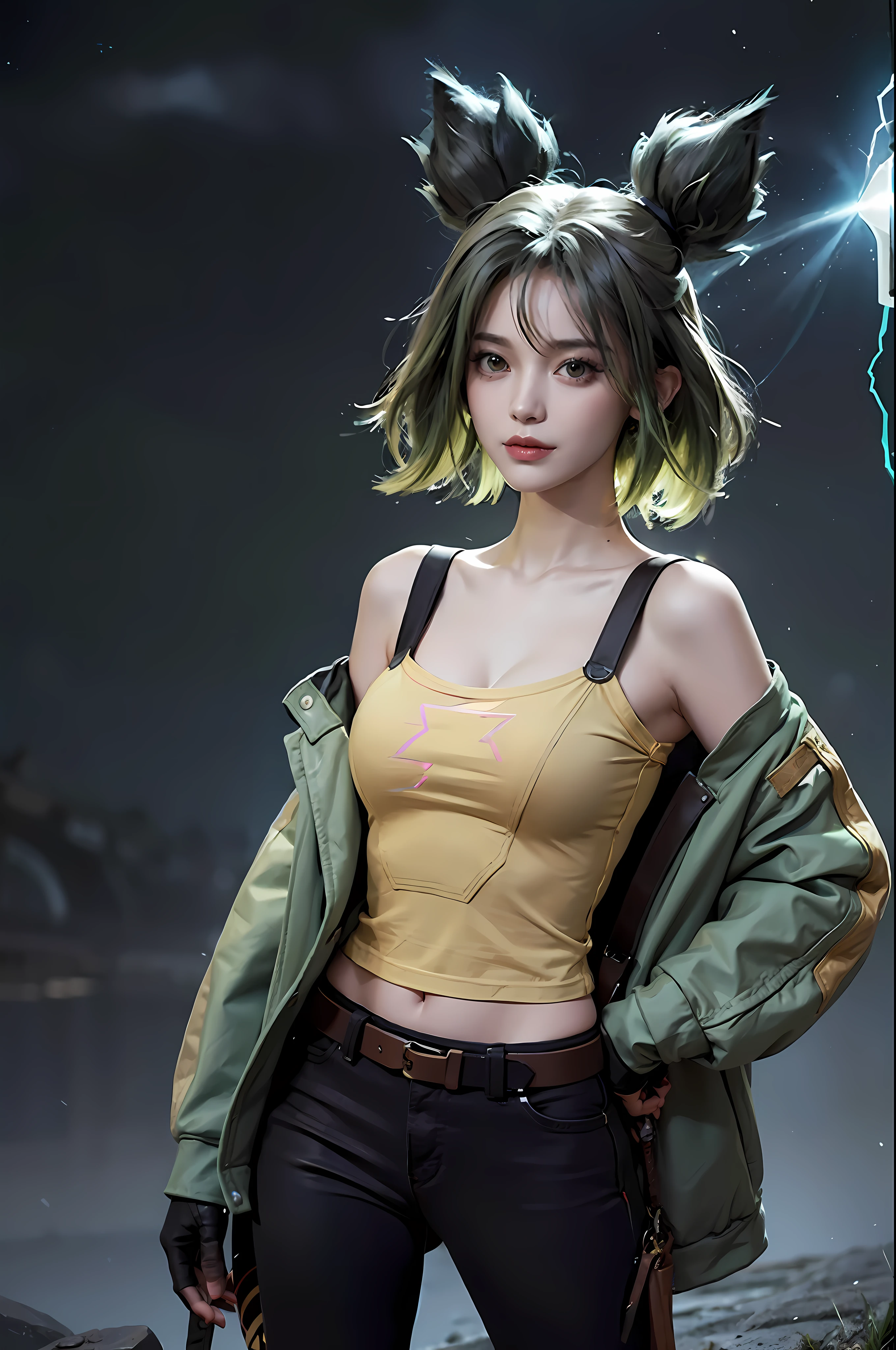 grass, sky, (field), zeri \(league of legends\), league of legends, 1girl, solo, green hair, twintails, bangs, parted bangs, green eyes, bandaid on face, collarbone, bare shoulders, off shoulder, long sleeves, breasts, jacket, blue jacket, open clothes, open jacket, orange tank top, midriff, gloves, black gloves, fingerless gloves, pants, black pants, belt,(extremely detailed CG unity 8k wallpaper), (best quality), (ultra-detailed), (photorealistic),wallpaper,best quality,extremely detailed eyes and face, beautiful detailed eyes,light on face,lightning,Electric spark